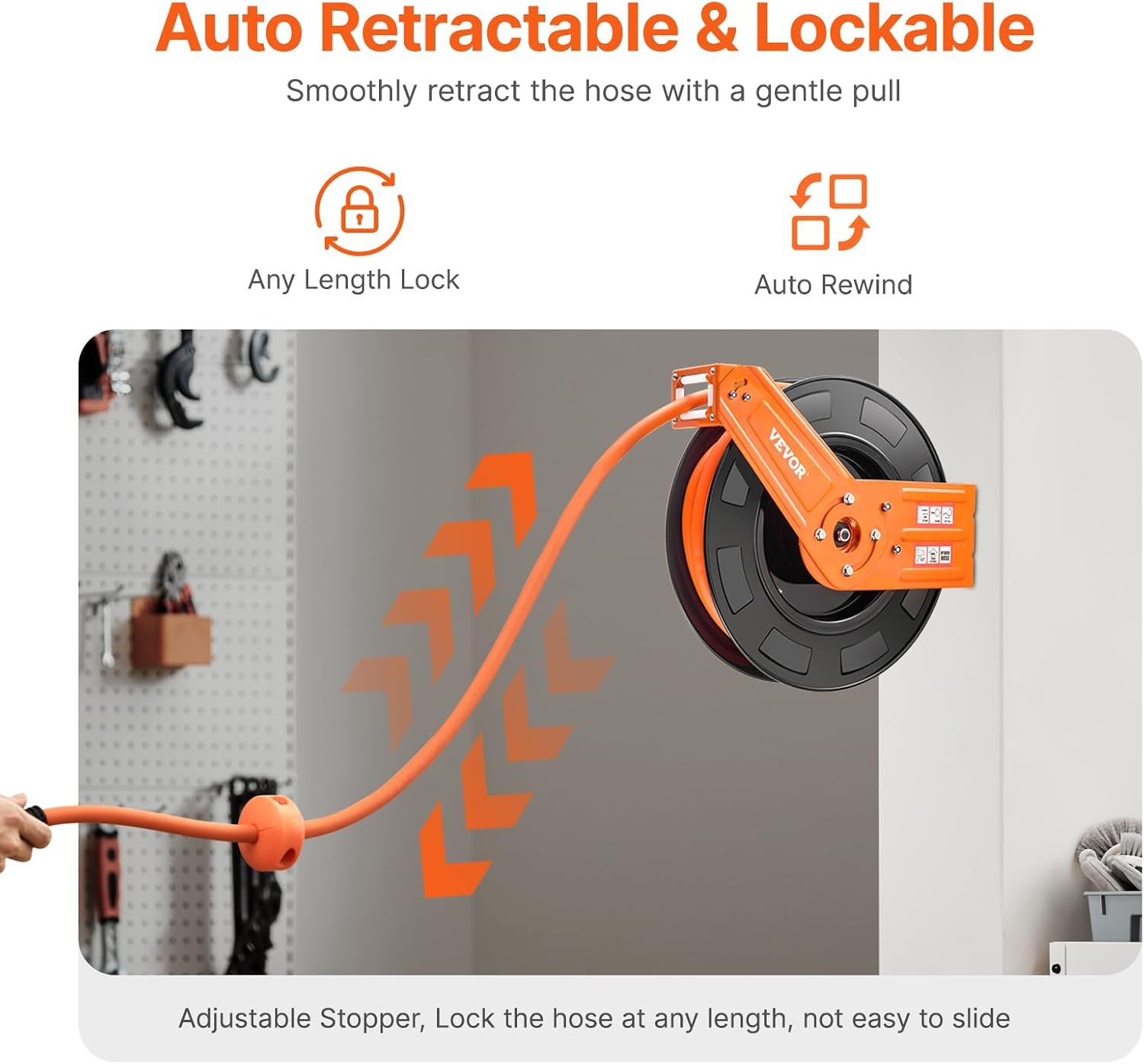 image:imageVEVOR Retractable Air Hose Reel 12 IN x 50 FT Hybrid Air Hose Max 300PSI Air Compressor Hose Reel AutoRewind with 5FT Lead in CeilingWall Mount Heavy Duty Single Arm Steel Reel 12 NPT FittingSingle Arm