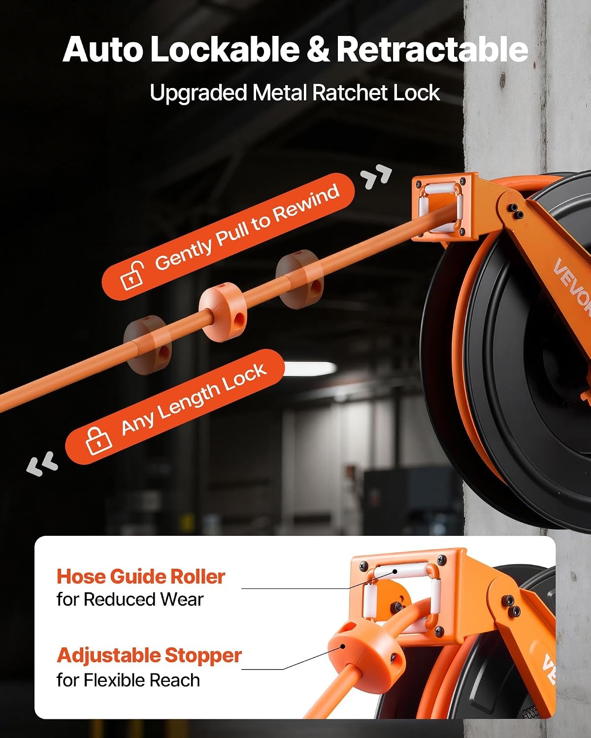 image:imageVEVOR Retractable Air Hose Reel 12 IN x 50 FT Hybrid Air Hose Max 300PSI Air Compressor Hose Reel AutoRewind with 5FT Lead in CeilingWall Mount Heavy Duty Single Arm Steel Reel 12 NPT FittingDouble Arm