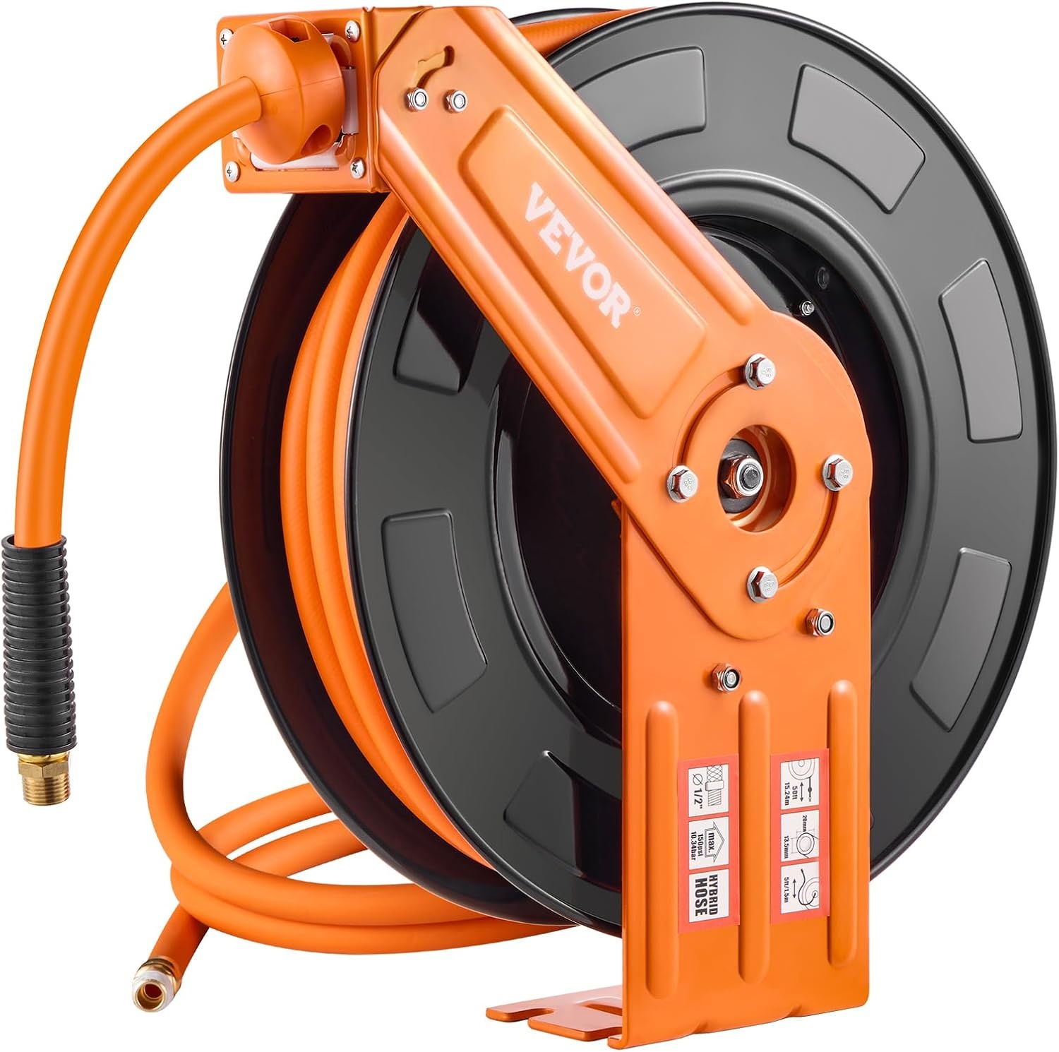 image:imageVEVOR Retractable Air Hose Reel 12 IN x 50 FT Hybrid Air Hose Max 300PSI Air Compressor Hose Reel AutoRewind with 5FT Lead in CeilingWall Mount Heavy Duty Single Arm Steel Reel 12 NPT FittingSingle Arm