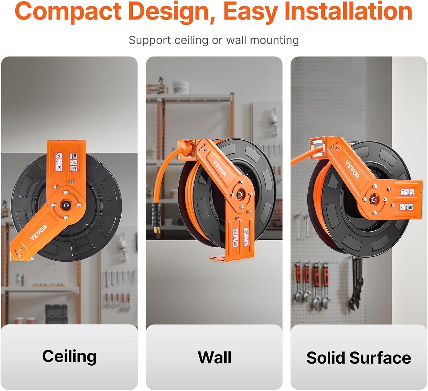 image:imageVEVOR Retractable Air Hose Reel 12 IN x 50 FT Hybrid Air Hose Max 300PSI Air Compressor Hose Reel AutoRewind with 5FT Lead in CeilingWall Mount Heavy Duty Single Arm Steel Reel 12 NPT FittingSingle Arm