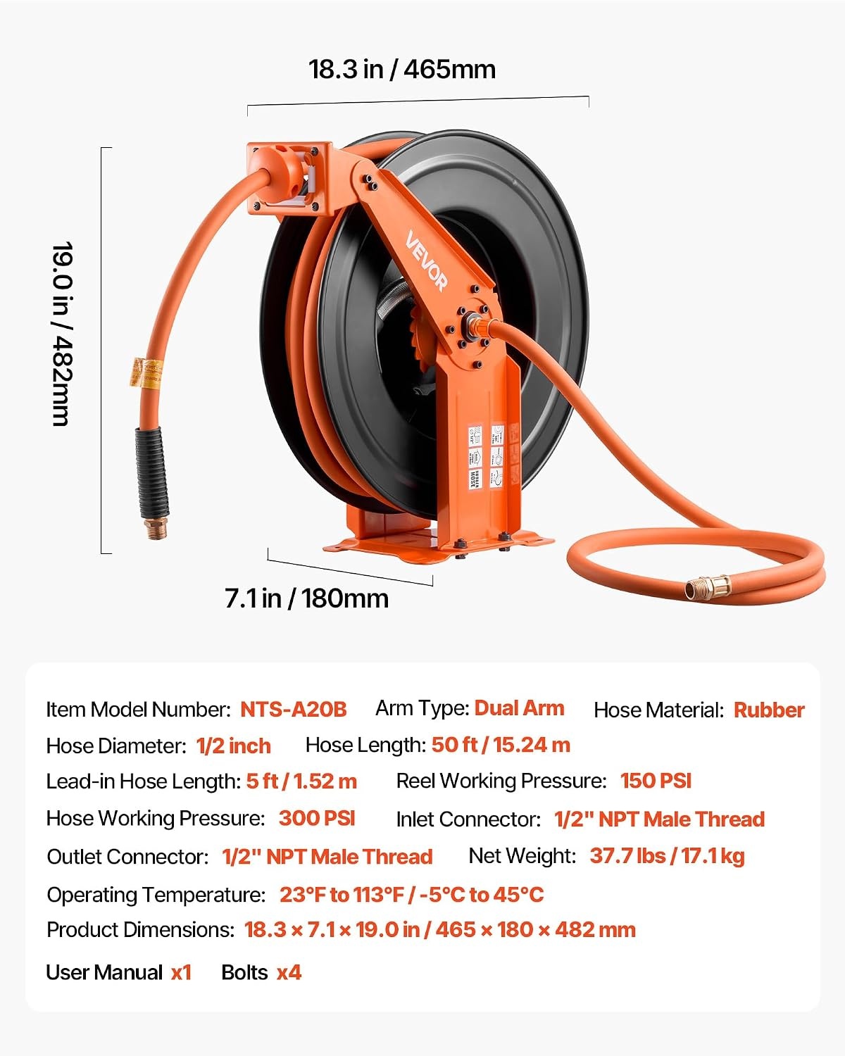 image:imageVEVOR Retractable Air Hose Reel 12 IN x 50 FT Hybrid Air Hose Max 300PSI Air Compressor Hose Reel AutoRewind with 5FT Lead in CeilingWall Mount Heavy Duty Single Arm Steel Reel 12 NPT FittingDouble Arm