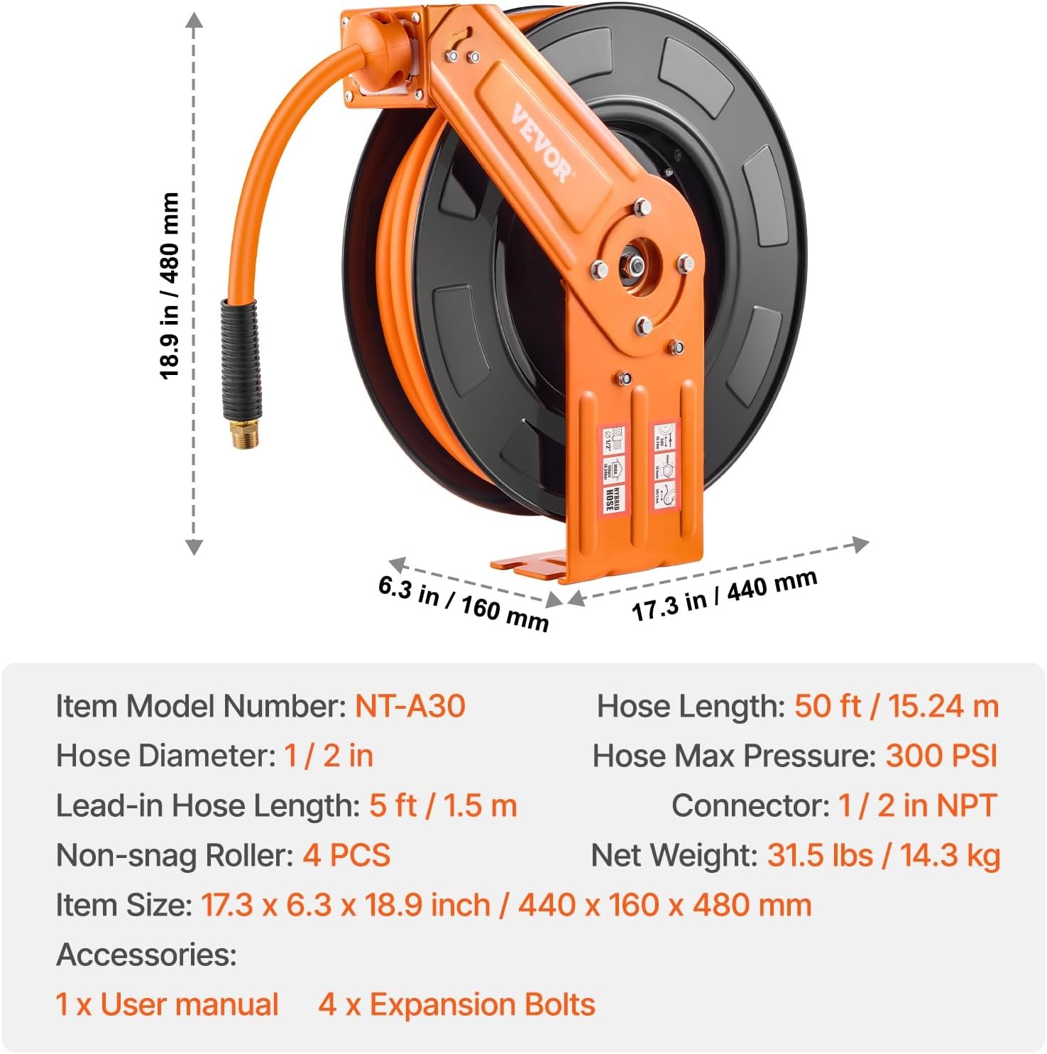 image:imageVEVOR Retractable Air Hose Reel 12 IN x 50 FT Hybrid Air Hose Max 300PSI Air Compressor Hose Reel AutoRewind with 5FT Lead in CeilingWall Mount Heavy Duty Single Arm Steel Reel 12 NPT FittingSingle Arm