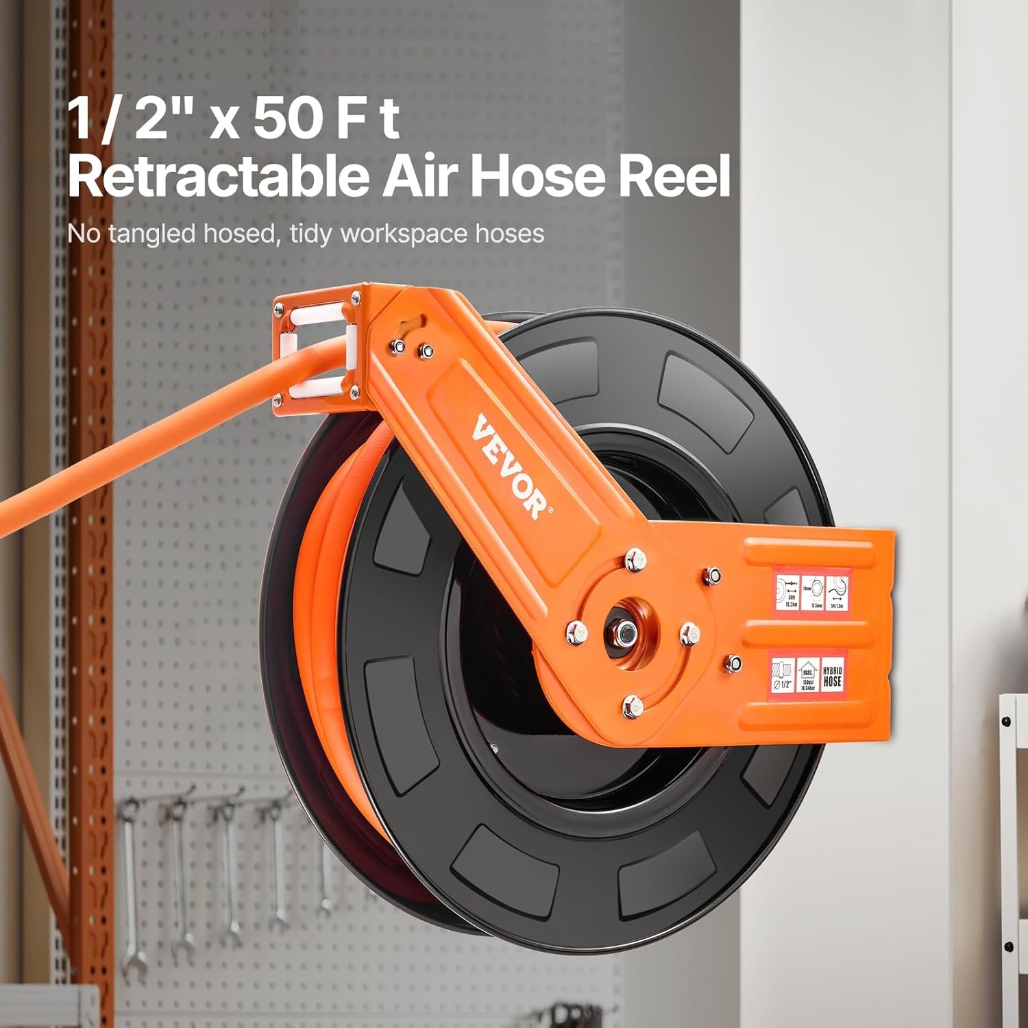 image:imageVEVOR Retractable Air Hose Reel 12 IN x 50 FT Hybrid Air Hose Max 300PSI Air Compressor Hose Reel AutoRewind with 5FT Lead in CeilingWall Mount Heavy Duty Single Arm Steel Reel 12 NPT FittingSingle Arm