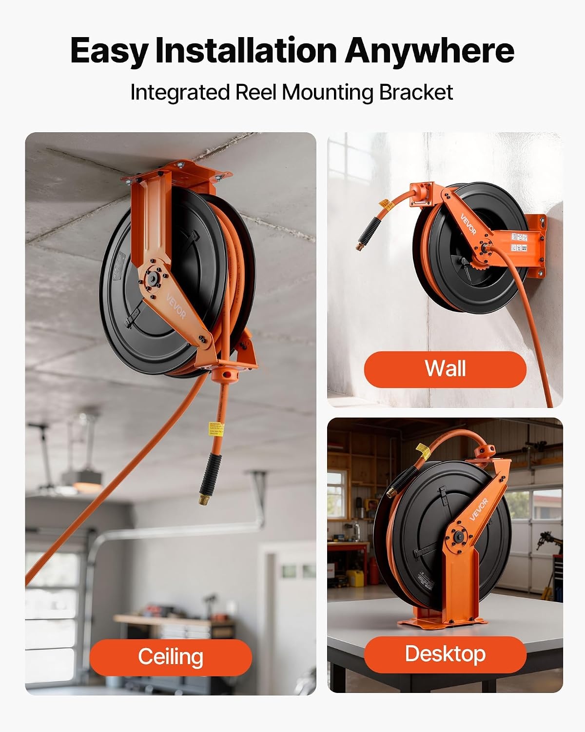 image:imageVEVOR Retractable Air Hose Reel 12 IN x 50 FT Hybrid Air Hose Max 300PSI Air Compressor Hose Reel AutoRewind with 5FT Lead in CeilingWall Mount Heavy Duty Single Arm Steel Reel 12 NPT FittingDouble Arm