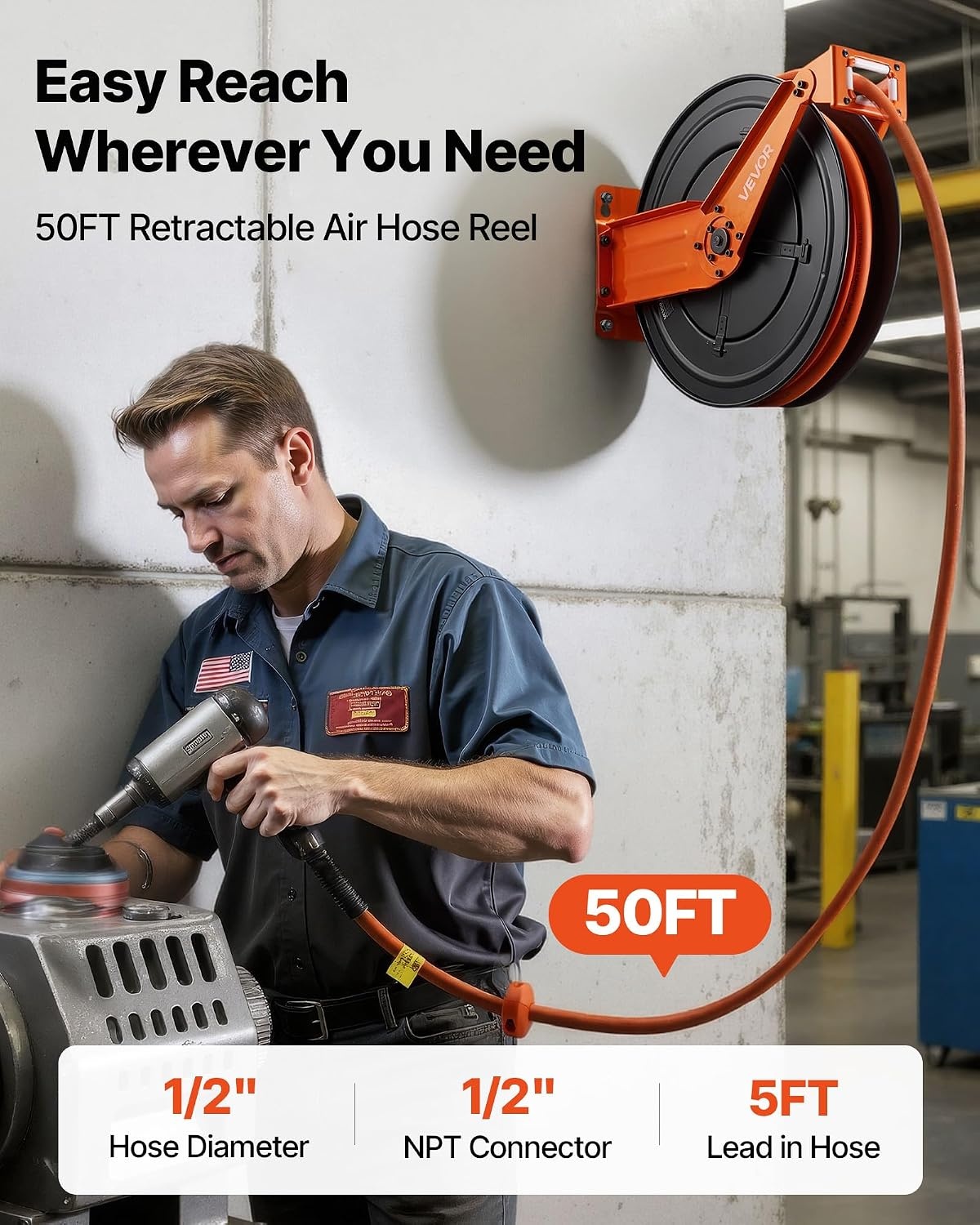 image:imageVEVOR Retractable Air Hose Reel 12 IN x 50 FT Hybrid Air Hose Max 300PSI Air Compressor Hose Reel AutoRewind with 5FT Lead in CeilingWall Mount Heavy Duty Single Arm Steel Reel 12 NPT FittingDouble Arm