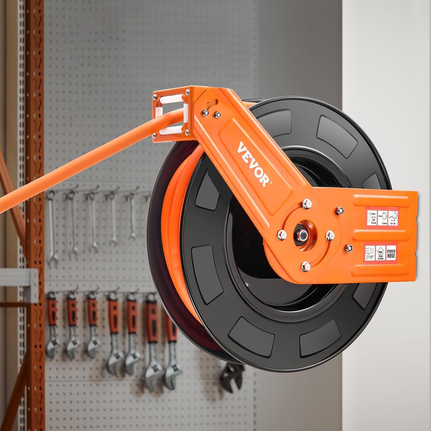 image:imageVEVOR Retractable Air Hose Reel 12 IN x 50 FT Hybrid Air Hose Max 300PSI Air Compressor Hose Reel AutoRewind with 5FT Lead in CeilingWall Mount Heavy Duty Single Arm Steel Reel 12 NPT FittingSingle Arm
