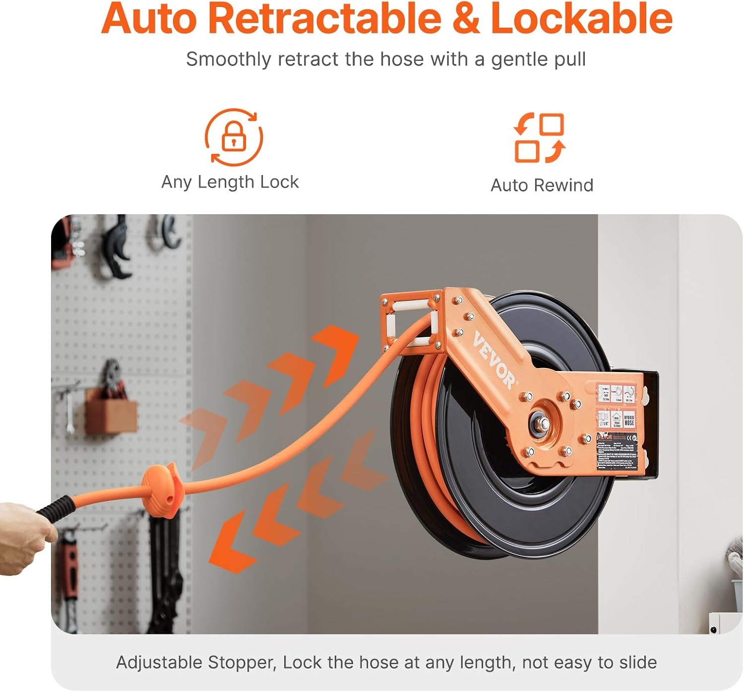 image:imageVEVOR Retractable Air Hose Reel 12 Inch x 65 FT Rubber Air Hose Max 300PSI Auto Rewind AirCompressor Hoses Reel with 5 ft Lead in CeilingWall Mount for Garage Workshops38IN x 50FT