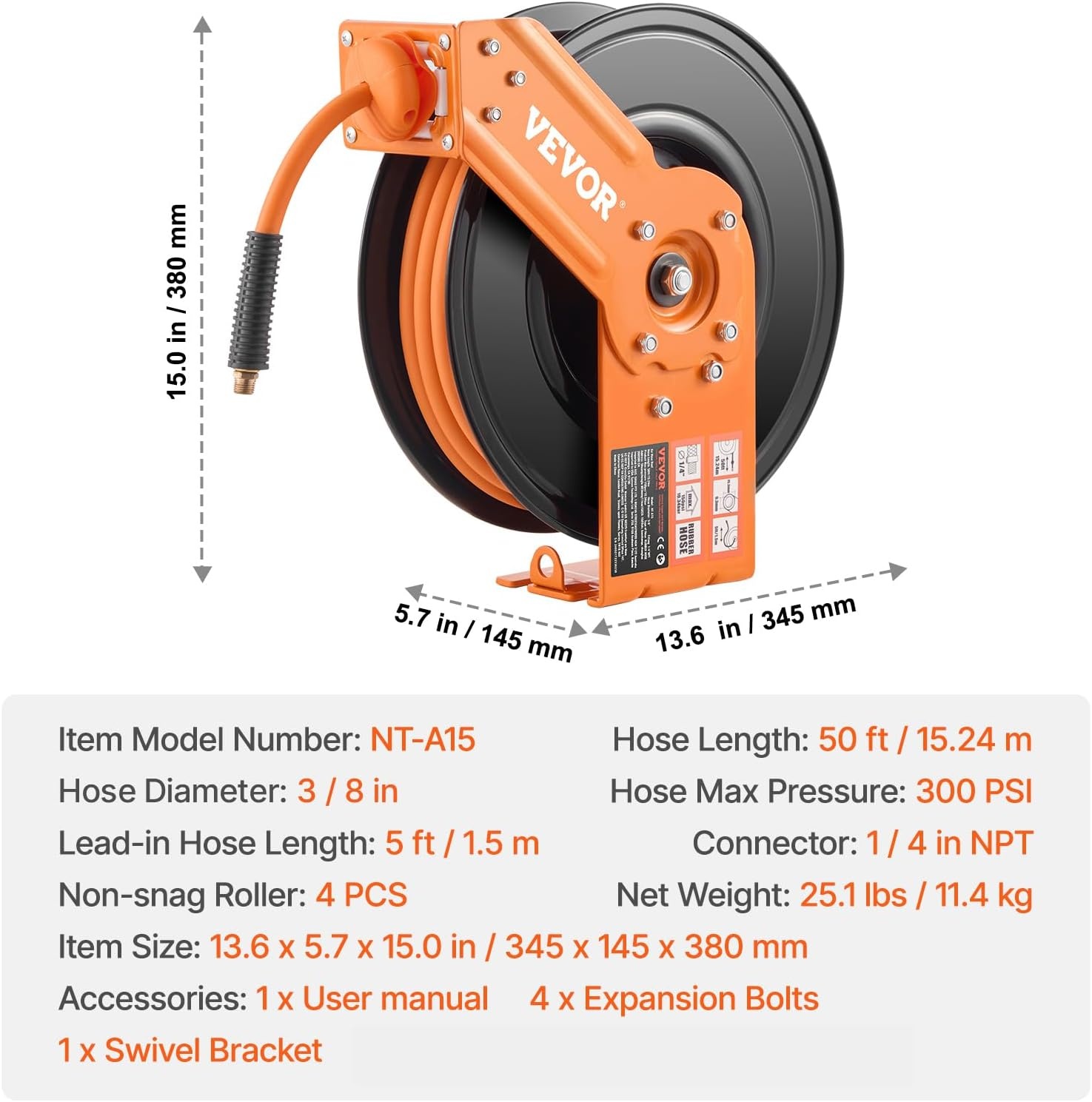 image:imageVEVOR Retractable Air Hose Reel 12 Inch x 65 FT Rubber Air Hose Max 300PSI Auto Rewind AirCompressor Hoses Reel with 5 ft Lead in CeilingWall Mount for Garage Workshops38IN x 50FT