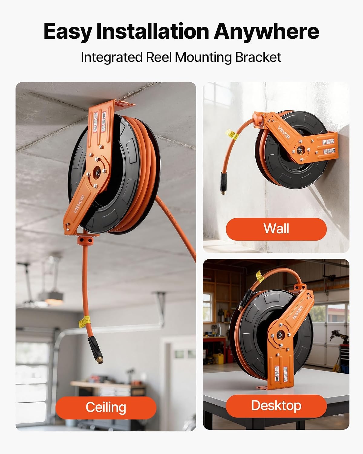 image:imageVEVOR Retractable Air Hose Reel 12 Inch x 65 FT Rubber Air Hose Max 300PSI Auto Rewind AirCompressor Hoses Reel with 5 ft Lead in CeilingWall Mount for Garage Workshops12IN x 50FT