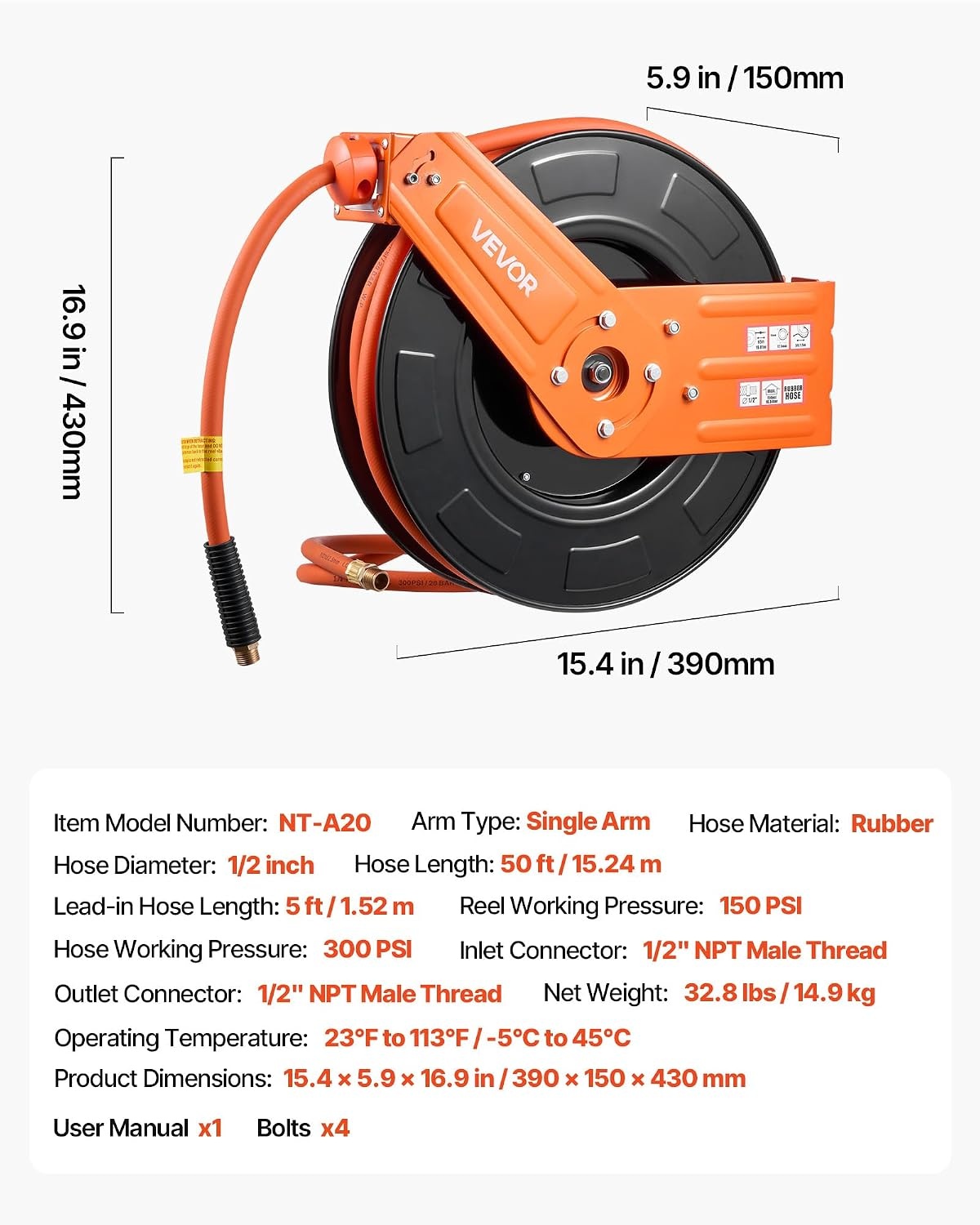 image:imageVEVOR Retractable Air Hose Reel 12 Inch x 65 FT Rubber Air Hose Max 300PSI Auto Rewind AirCompressor Hoses Reel with 5 ft Lead in CeilingWall Mount for Garage Workshops12IN x 50FT