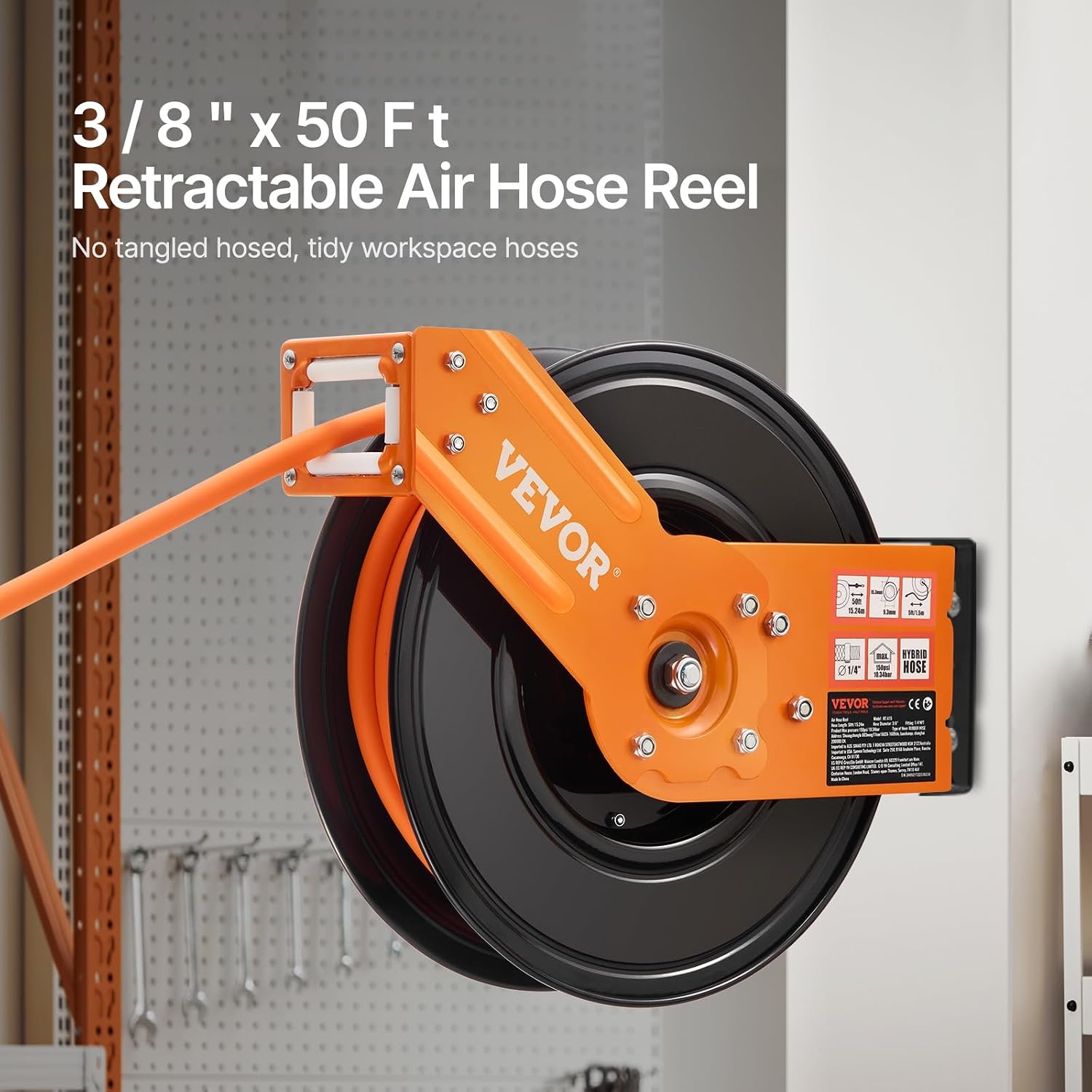 image:imageVEVOR Retractable Air Hose Reel 12 Inch x 65 FT Rubber Air Hose Max 300PSI Auto Rewind AirCompressor Hoses Reel with 5 ft Lead in CeilingWall Mount for Garage Workshops38IN x 50FT