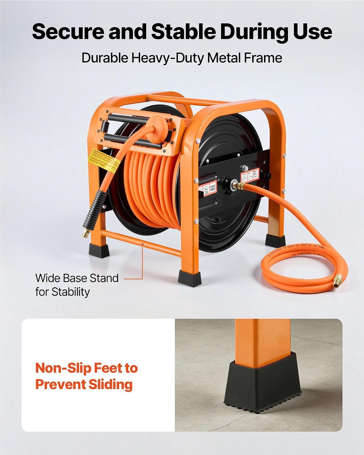 image:imageVEVOR Retractable Air Hose Reel 38 Inch x 100 FT Hybrid Air Hose Max 300PSI Auto Rewind AirCompressor Hoses Reel with 5ft Lead in Portable Freestanding Heavy Duty Steel Reel for Garages Workshops
