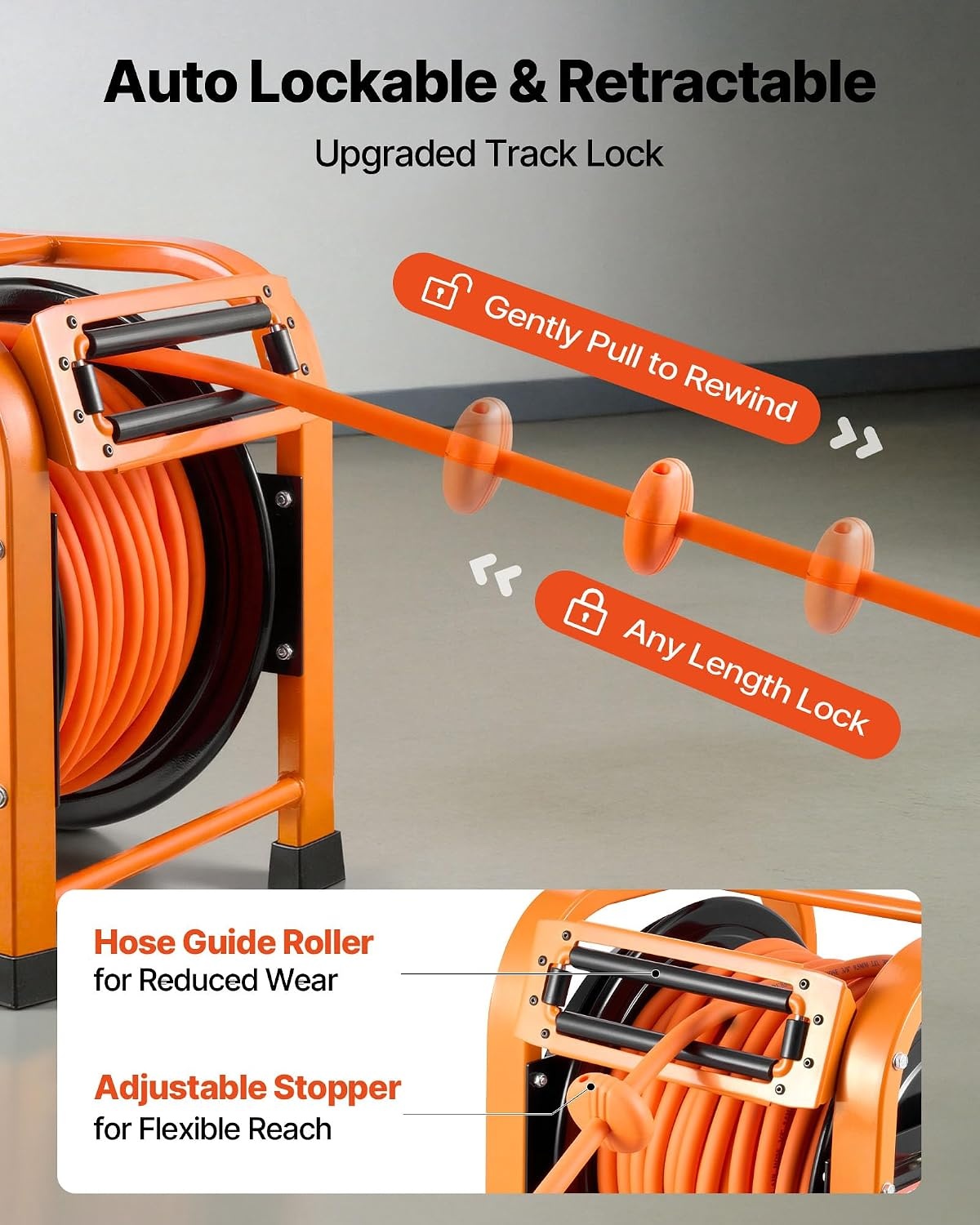 image:imageVEVOR Retractable Air Hose Reel 38 Inch x 100 FT Hybrid Air Hose Max 300PSI Auto Rewind AirCompressor Hoses Reel with 5ft Lead in Portable Freestanding Heavy Duty Steel Reel for Garages Workshops