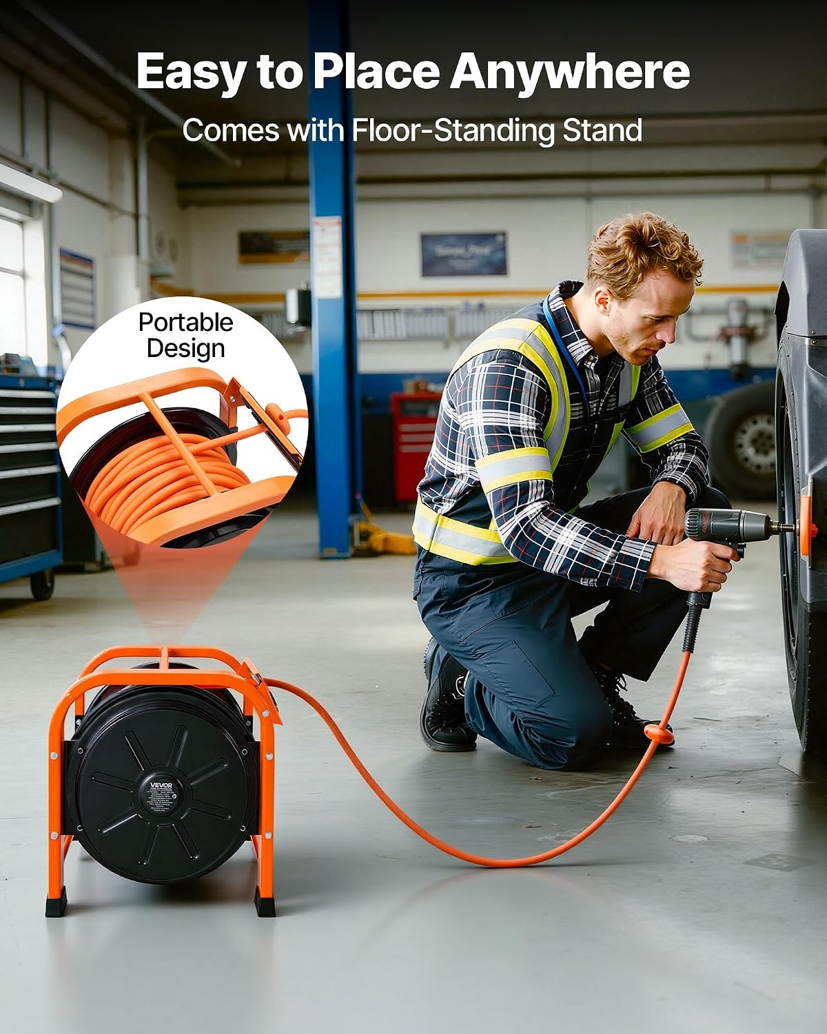 image:imageVEVOR Retractable Air Hose Reel 38 Inch x 100 FT Hybrid Air Hose Max 300PSI Auto Rewind AirCompressor Hoses Reel with 5ft Lead in Portable Freestanding Heavy Duty Steel Reel for Garages Workshops