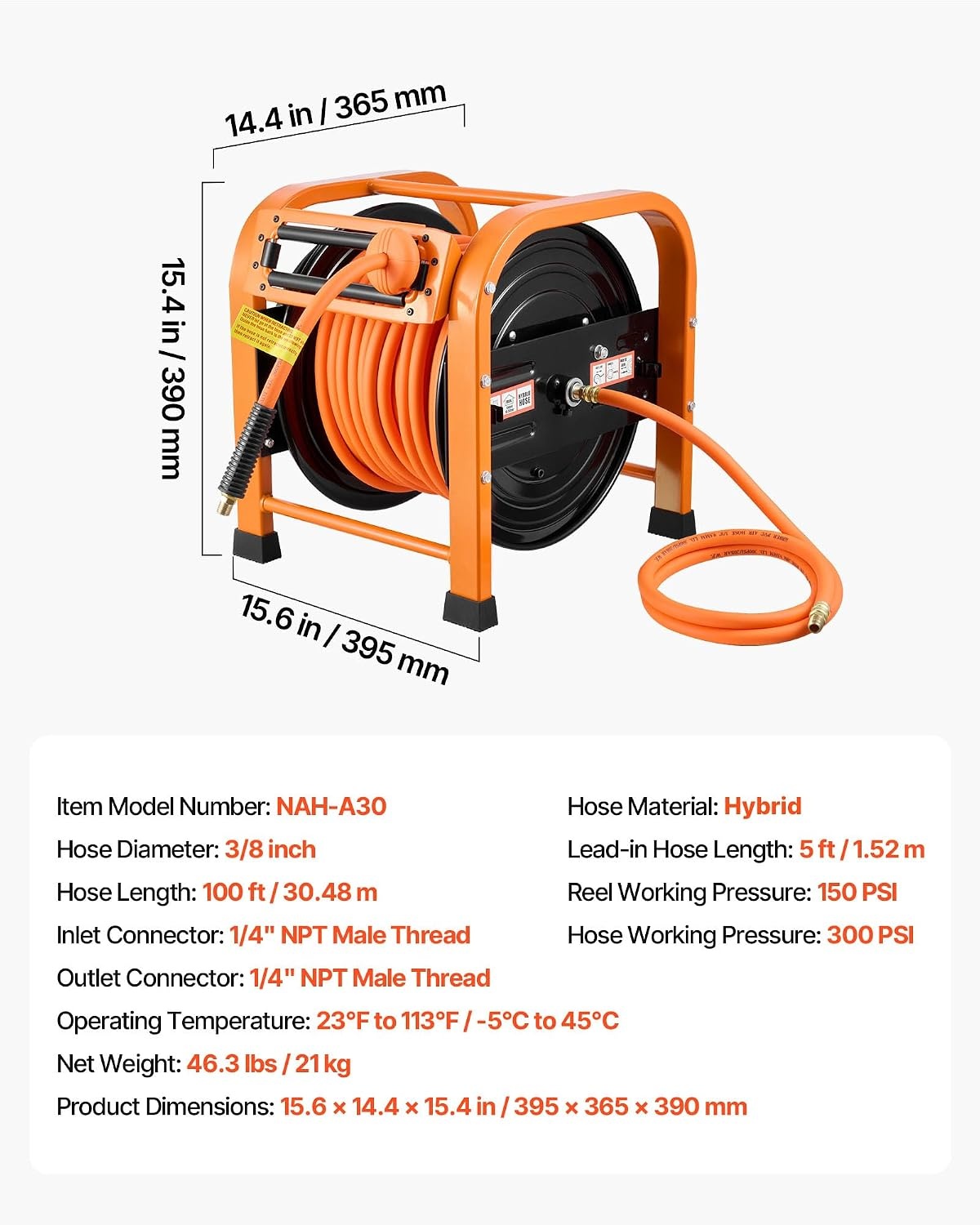 image:imageVEVOR Retractable Air Hose Reel 38 Inch x 100 FT Hybrid Air Hose Max 300PSI Auto Rewind AirCompressor Hoses Reel with 5ft Lead in Portable Freestanding Heavy Duty Steel Reel for Garages Workshops