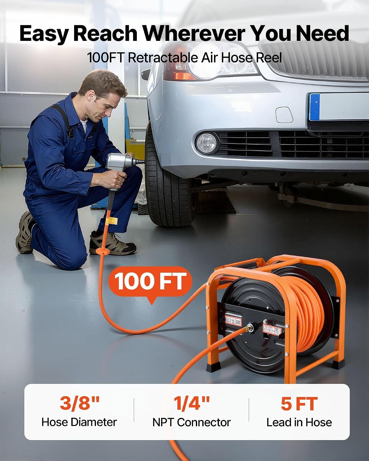 image:imageVEVOR Retractable Air Hose Reel 38 Inch x 100 FT Hybrid Air Hose Max 300PSI Auto Rewind AirCompressor Hoses Reel with 5ft Lead in Portable Freestanding Heavy Duty Steel Reel for Garages Workshops