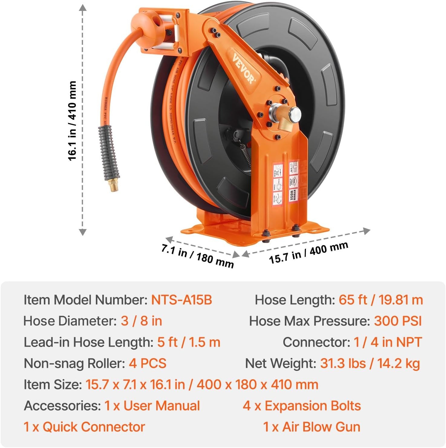 image:imageVEVOR Retractable Air Hose Reel 38 Inch x 50 FT Rubber Air Hose Max 300PSI Auto Rewind AirCompressor Hoses Reel with 5 ft Lead in CeilingWall Mount Heavy Duty Steel Double Arm38IN x 65FT