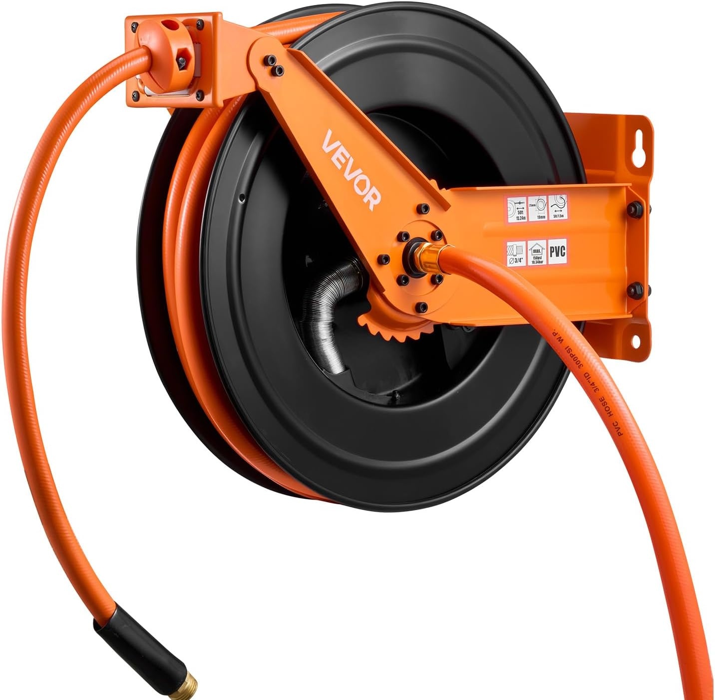 image:imageVEVOR Retractable Air Hose Reel 38 Inch x 50 FT Rubber Air Hose Max 300PSI Auto Rewind AirCompressor Hoses Reel with 5 ft Lead in CeilingWall Mount Heavy Duty Steel Double Arm34IN x 50FT