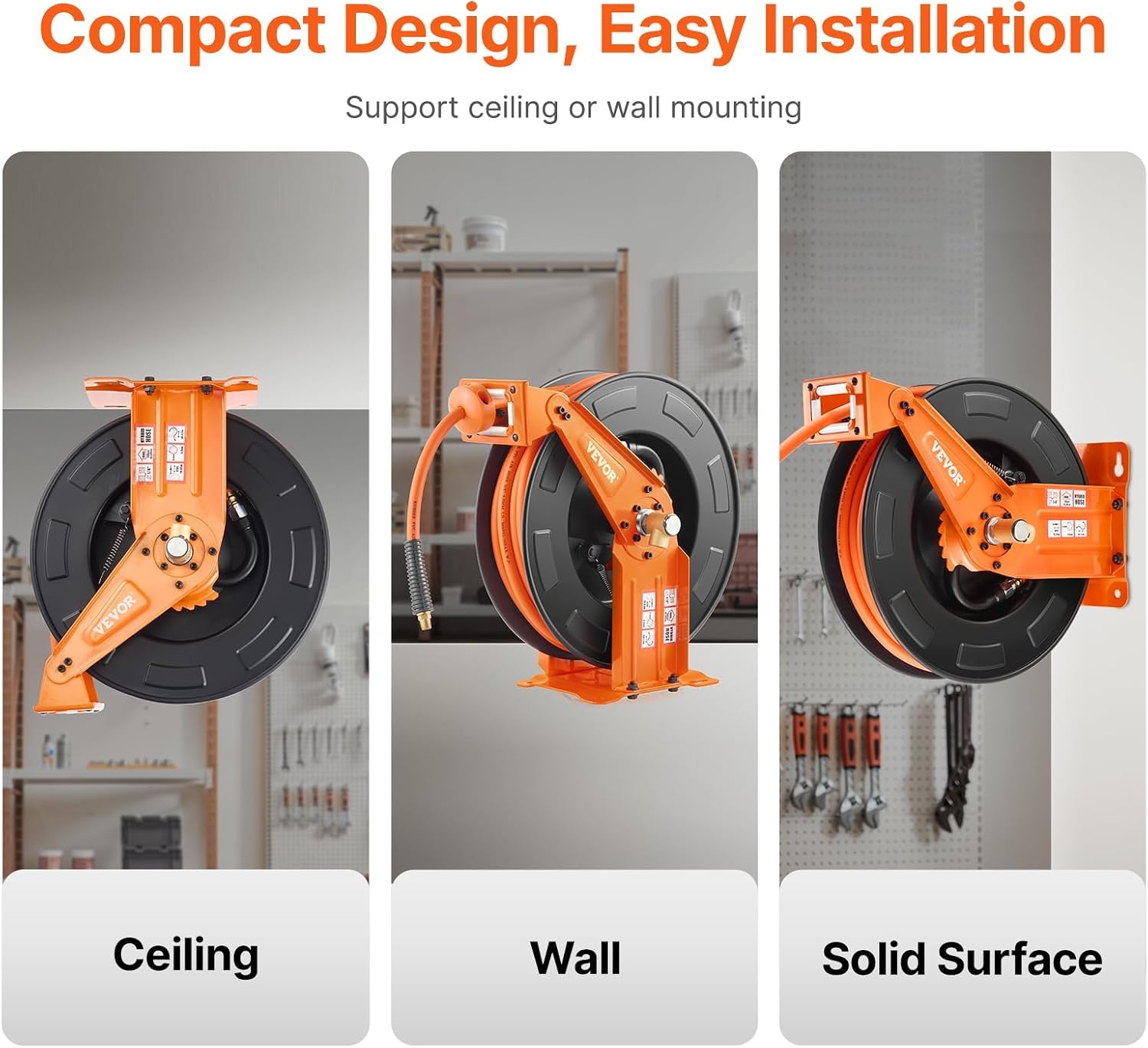 image:imageVEVOR Retractable Air Hose Reel 38 Inch x 50 FT Rubber Air Hose Max 300PSI Auto Rewind AirCompressor Hoses Reel with 5 ft Lead in CeilingWall Mount Heavy Duty Steel Double Arm38IN x 65FT