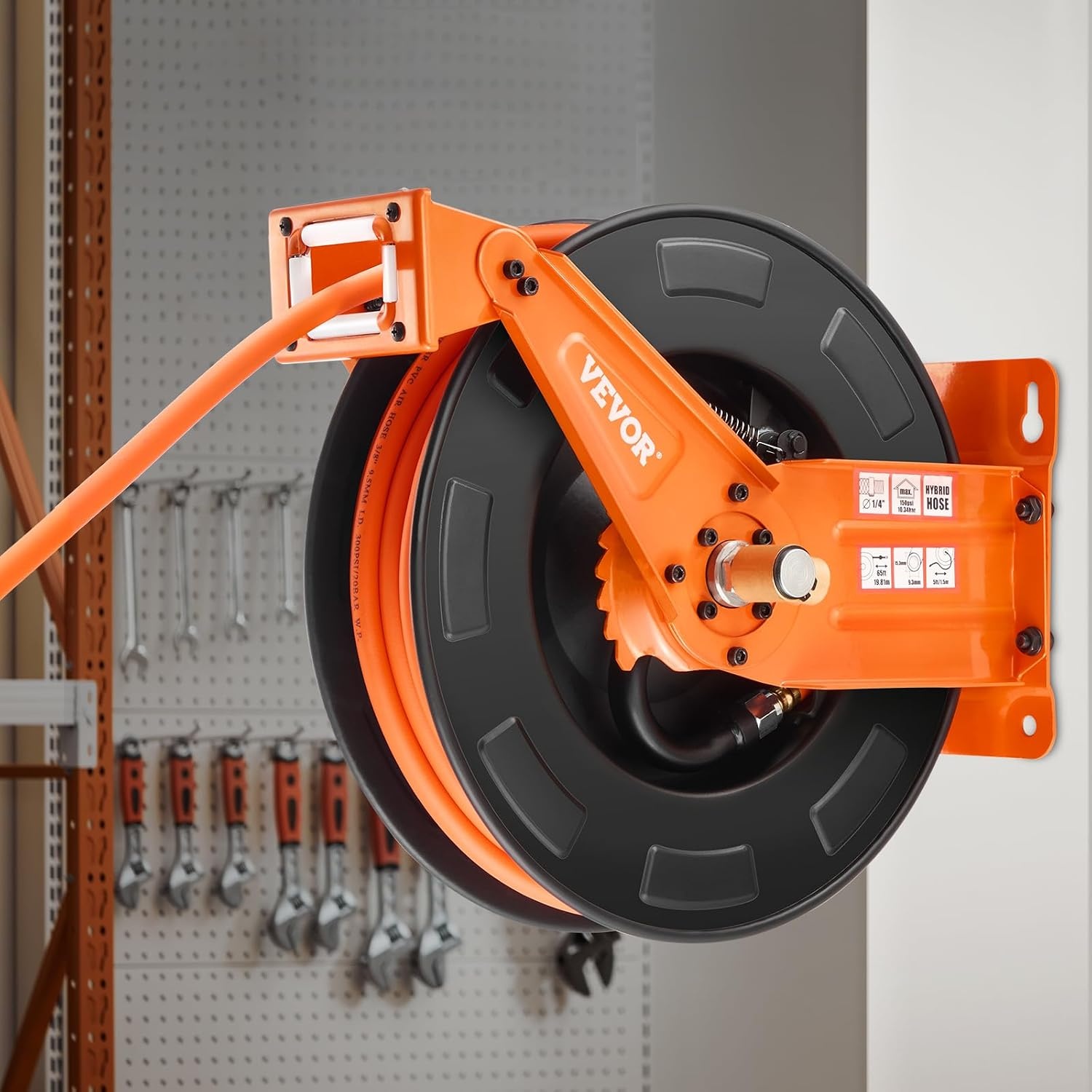 image:imageVEVOR Retractable Air Hose Reel 38 Inch x 50 FT Rubber Air Hose Max 300PSI Auto Rewind AirCompressor Hoses Reel with 5 ft Lead in CeilingWall Mount Heavy Duty Steel Double Arm38IN x 65FT