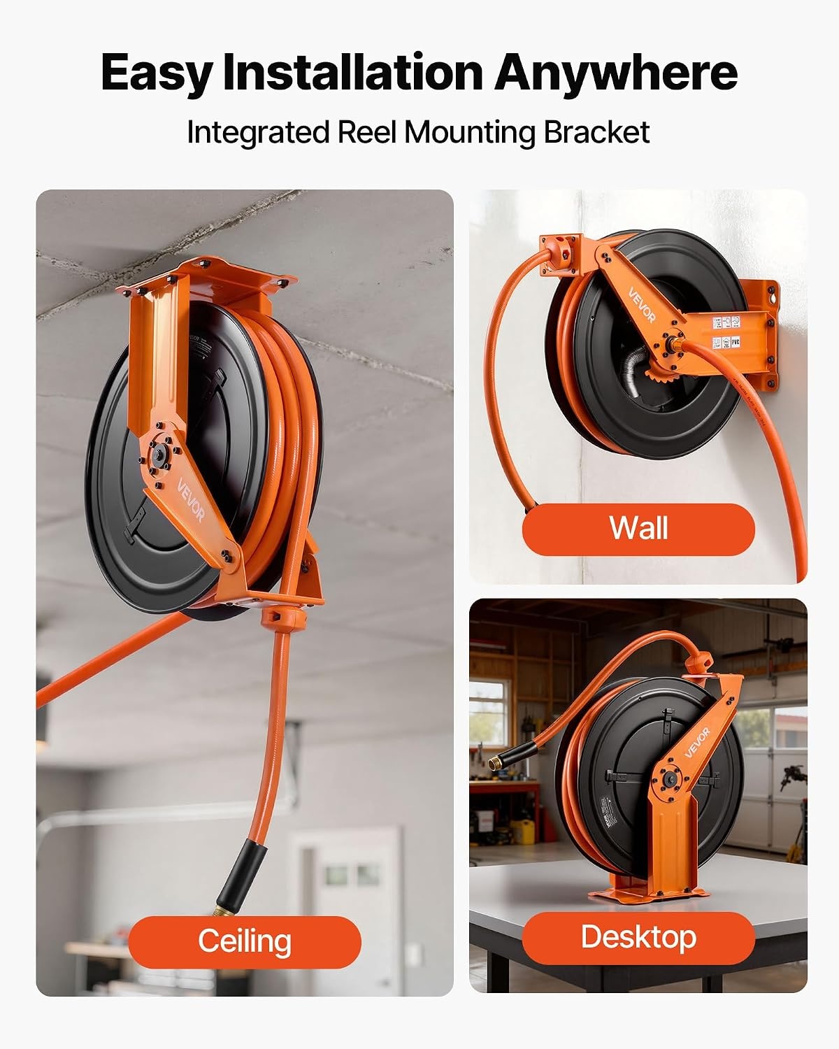 image:imageVEVOR Retractable Air Hose Reel 38 Inch x 50 FT Rubber Air Hose Max 300PSI Auto Rewind AirCompressor Hoses Reel with 5 ft Lead in CeilingWall Mount Heavy Duty Steel Double Arm34IN x 50FT