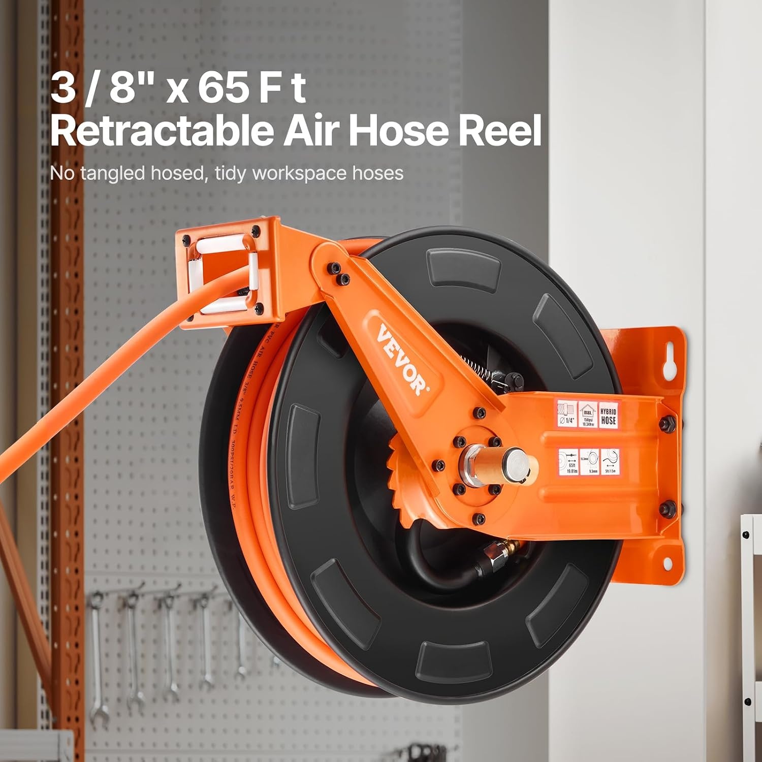 image:imageVEVOR Retractable Air Hose Reel 38 Inch x 50 FT Rubber Air Hose Max 300PSI Auto Rewind AirCompressor Hoses Reel with 5 ft Lead in CeilingWall Mount Heavy Duty Steel Double Arm38IN x 65FT