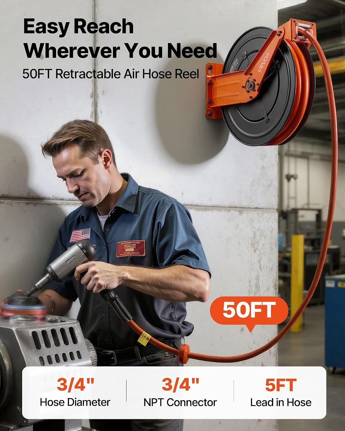 image:imageVEVOR Retractable Air Hose Reel 38 Inch x 50 FT Rubber Air Hose Max 300PSI Auto Rewind AirCompressor Hoses Reel with 5 ft Lead in CeilingWall Mount Heavy Duty Steel Double Arm34IN x 50FT
