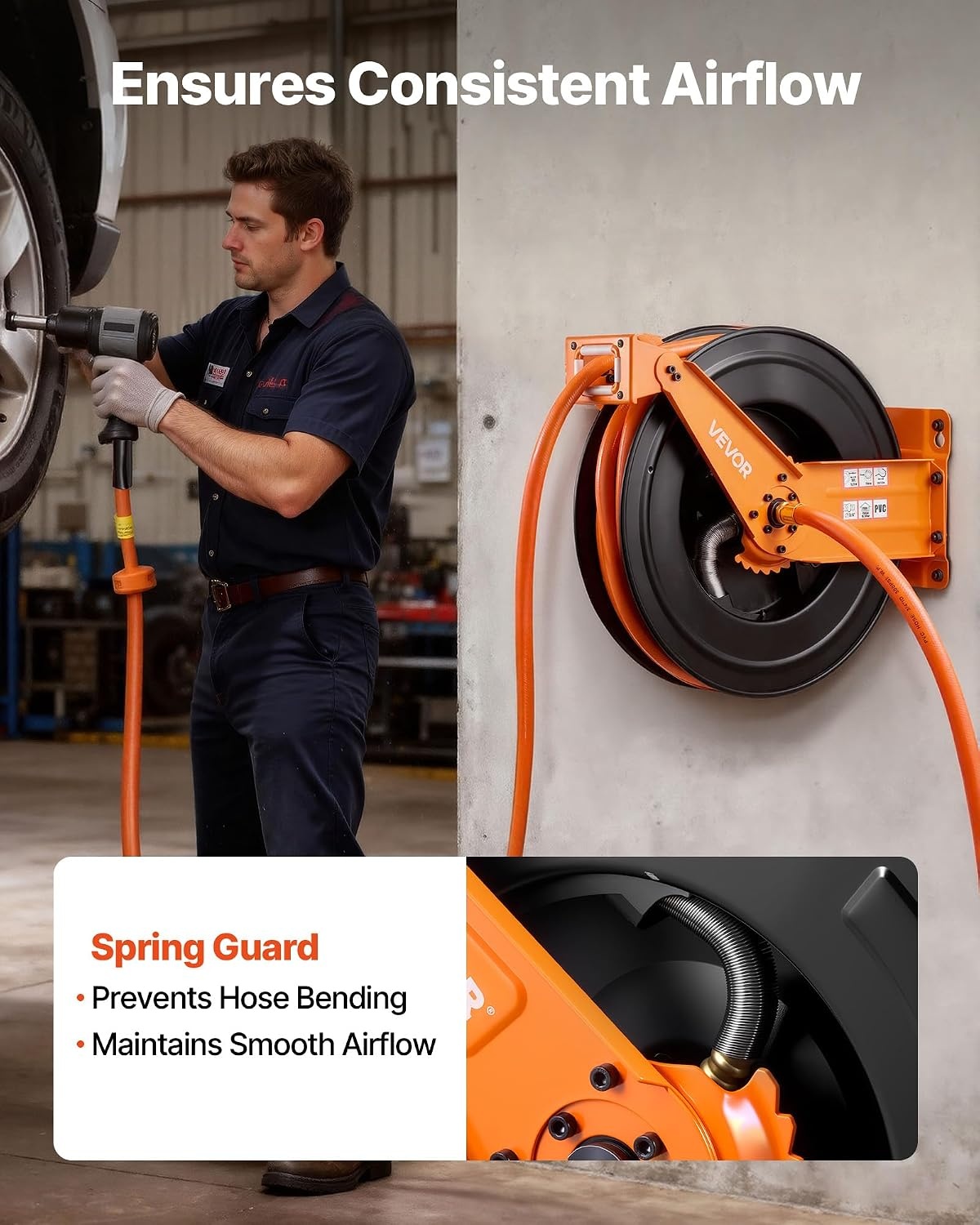image:imageVEVOR Retractable Air Hose Reel 38 Inch x 50 FT Rubber Air Hose Max 300PSI Auto Rewind AirCompressor Hoses Reel with 5 ft Lead in CeilingWall Mount Heavy Duty Steel Double Arm34IN x 50FT