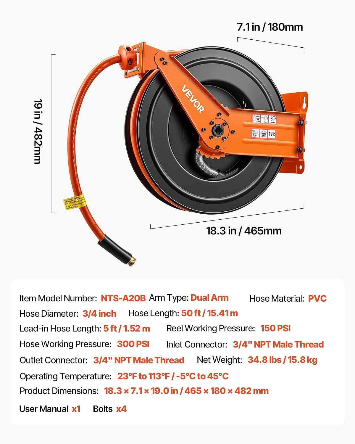 image:imageVEVOR Retractable Air Hose Reel 38 Inch x 50 FT Rubber Air Hose Max 300PSI Auto Rewind AirCompressor Hoses Reel with 5 ft Lead in CeilingWall Mount Heavy Duty Steel Double Arm34IN x 50FT