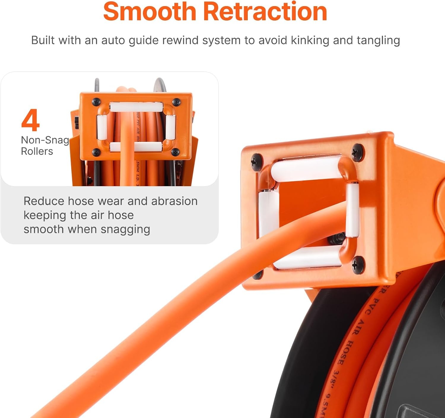 image:imageVEVOR Retractable Air Hose Reel 38 Inch x 50 FT Rubber Air Hose Max 300PSI Auto Rewind AirCompressor Hoses Reel with 5 ft Lead in CeilingWall Mount Heavy Duty Steel Double Arm38IN x 65FT