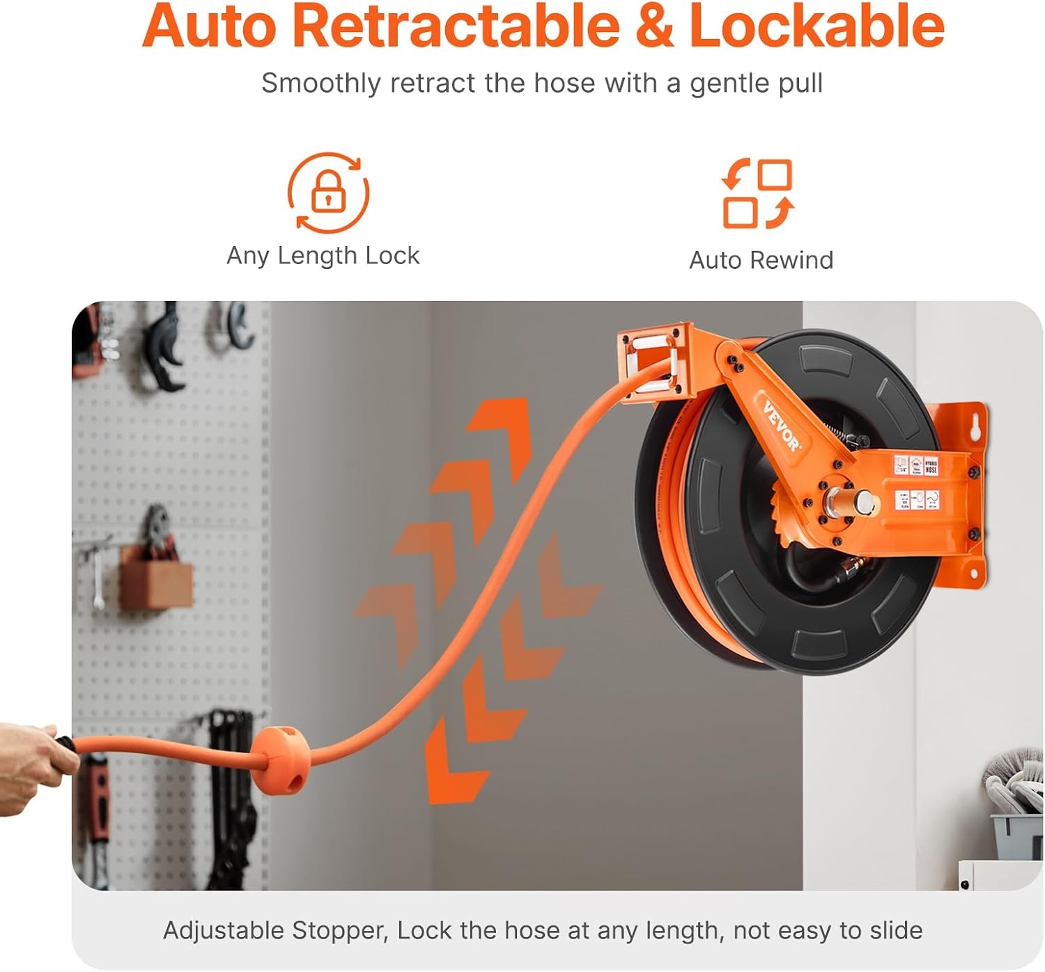 image:imageVEVOR Retractable Air Hose Reel 38 Inch x 50 FT Rubber Air Hose Max 300PSI Auto Rewind AirCompressor Hoses Reel with 5 ft Lead in CeilingWall Mount Heavy Duty Steel Double Arm38IN x 65FT