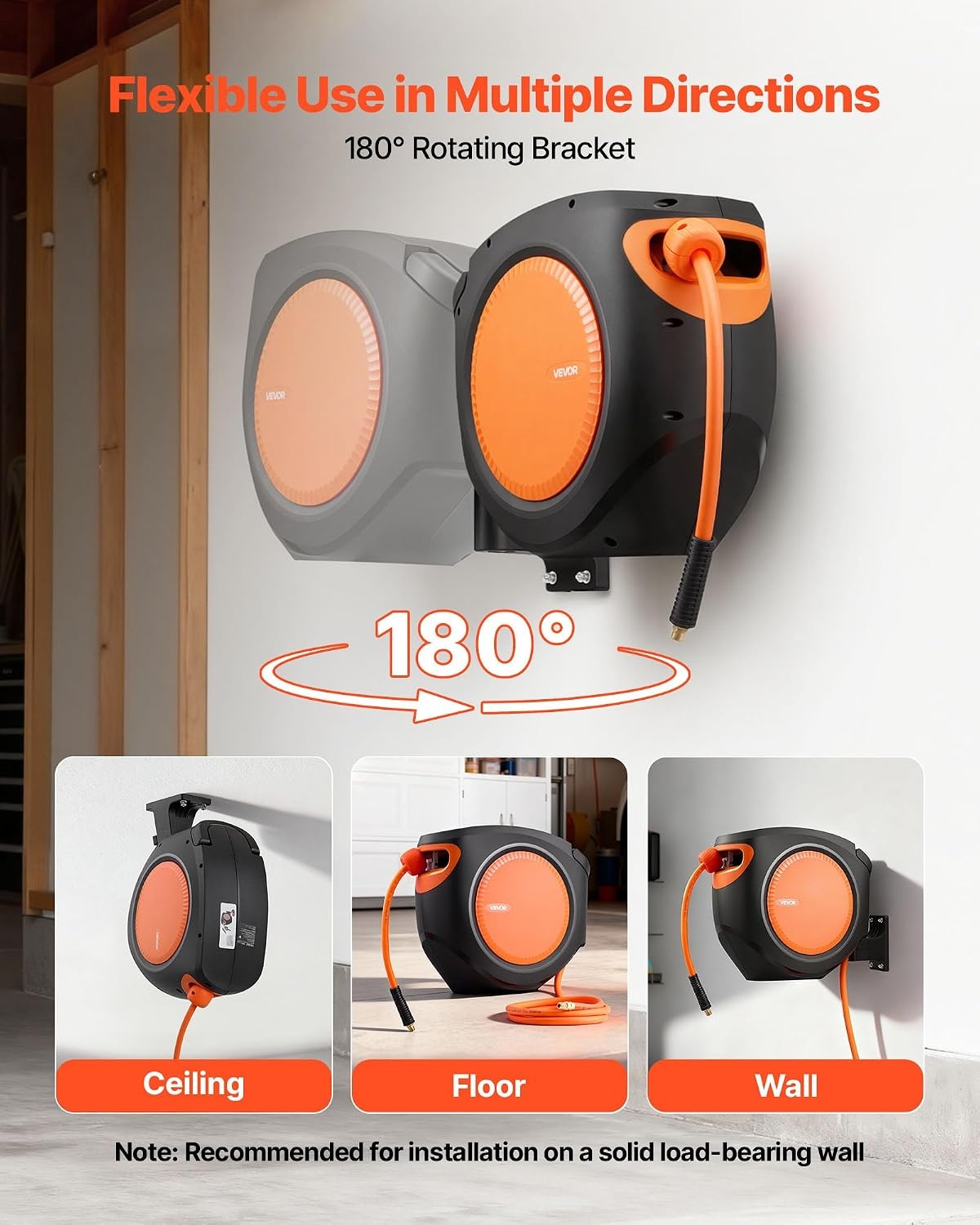 image:imageVEVOR Retractable Air Hose Reel 38IN x 65FT Hybrid Air Hose Max 300PSI Air Compressor Hose Reel AutoRewind with 66 FT Lead in CeilingWall Mount Enclosed PP Reel amp Builtin 180 Swivel Bracket38IN x 80FT