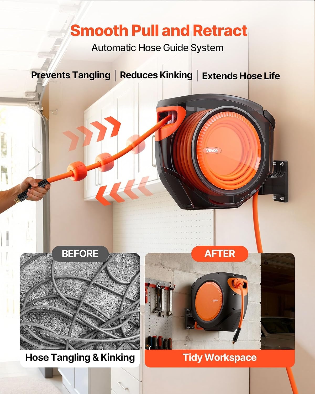image:imageVEVOR Retractable Air Hose Reel 38IN x 65FT Hybrid Air Hose Max 300PSI Air Compressor Hose Reel AutoRewind with 66 FT Lead in CeilingWall Mount Enclosed PP Reel amp Builtin 180 Swivel Bracket38IN x 80FT