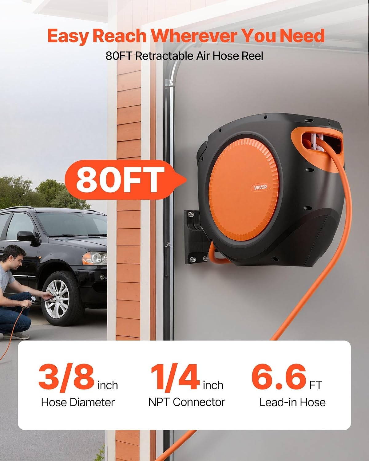 image:imageVEVOR Retractable Air Hose Reel 38IN x 65FT Hybrid Air Hose Max 300PSI Air Compressor Hose Reel AutoRewind with 66 FT Lead in CeilingWall Mount Enclosed PP Reel amp Builtin 180 Swivel Bracket38IN x 80FT