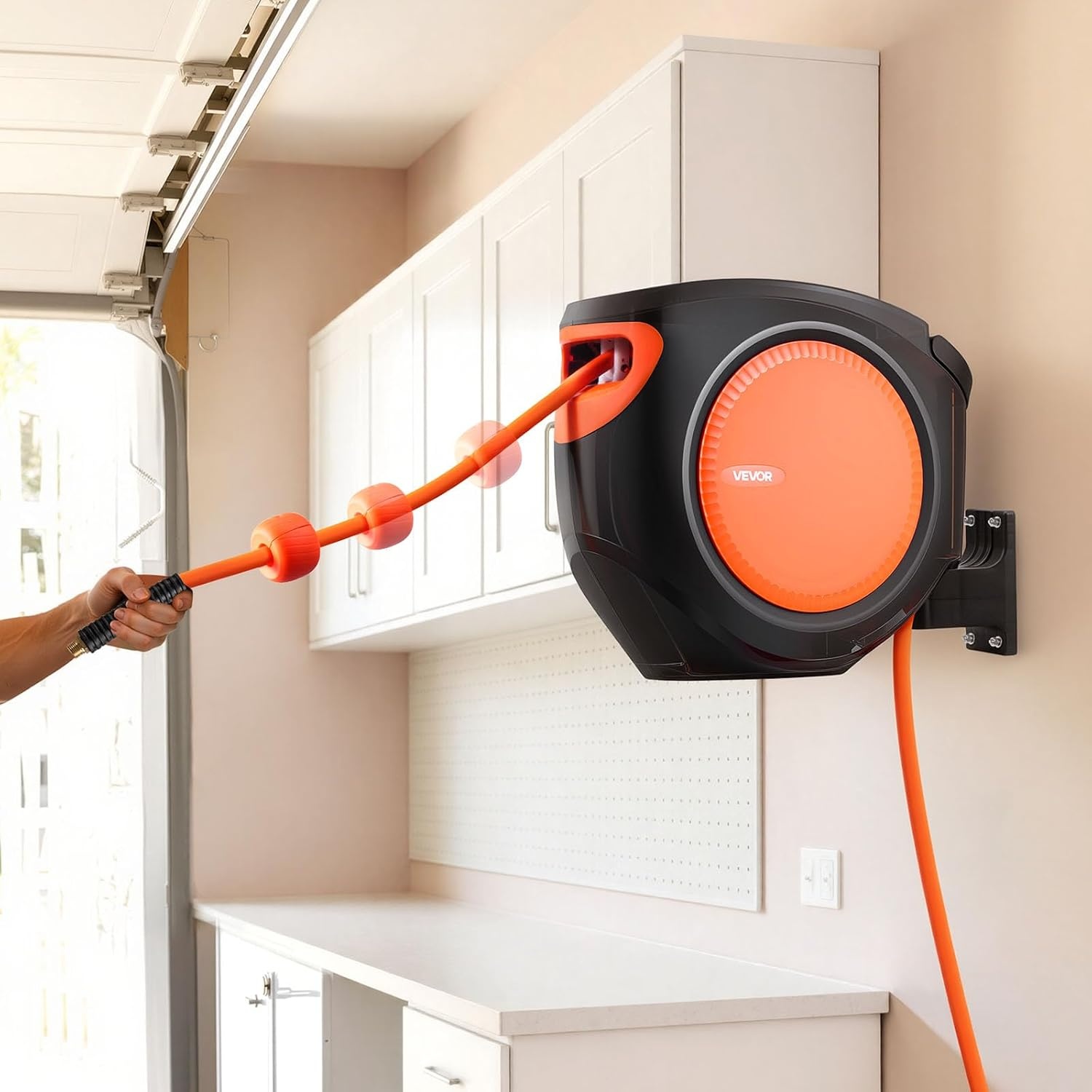image:imageVEVOR Retractable Air Hose Reel 38IN x 65FT Hybrid Air Hose Max 300PSI Air Compressor Hose Reel AutoRewind with 66 FT Lead in CeilingWall Mount Enclosed PP Reel amp Builtin 180 Swivel Bracket38IN x 80FT