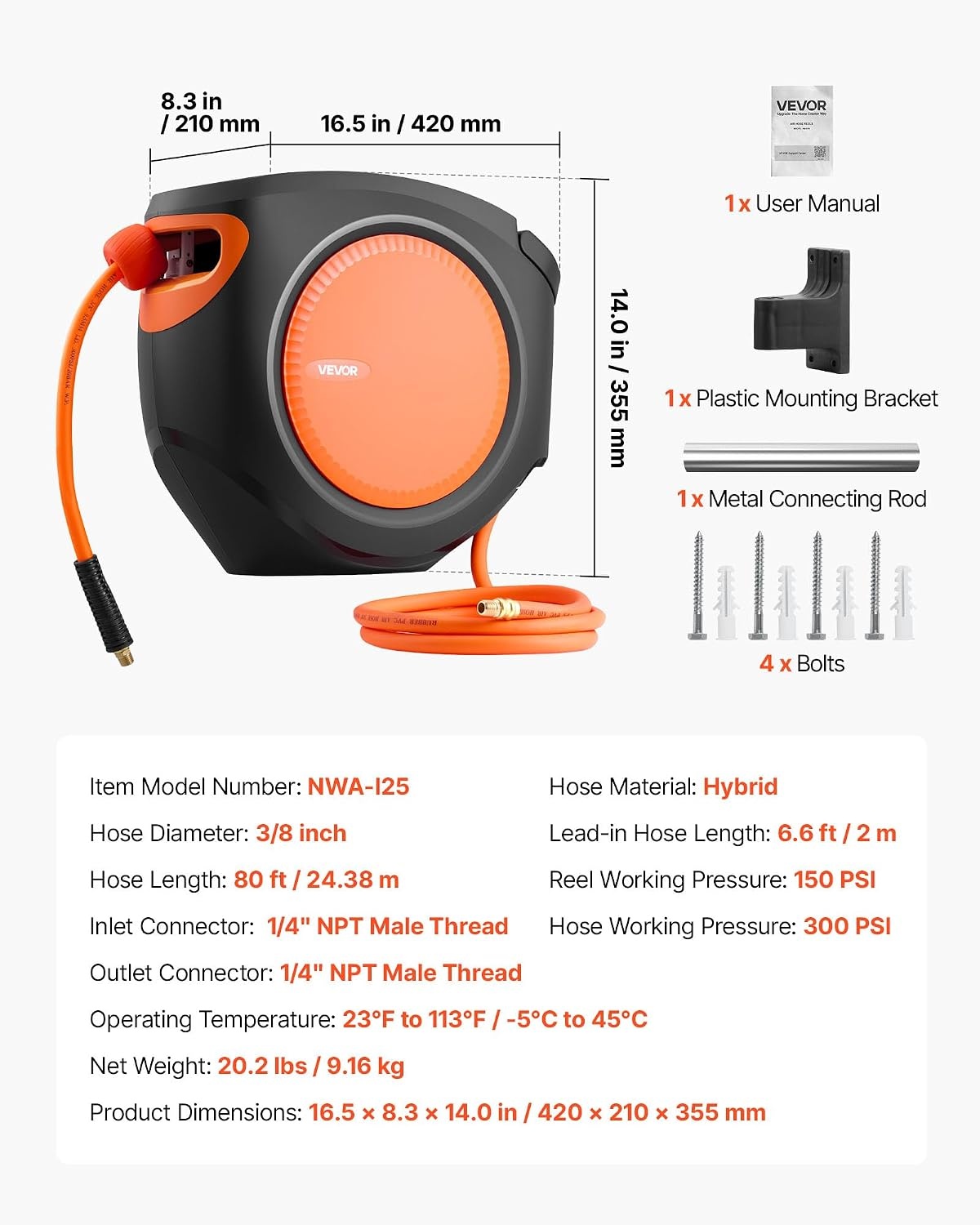 image:imageVEVOR Retractable Air Hose Reel 38IN x 65FT Hybrid Air Hose Max 300PSI Air Compressor Hose Reel AutoRewind with 66 FT Lead in CeilingWall Mount Enclosed PP Reel amp Builtin 180 Swivel Bracket38IN x 80FT