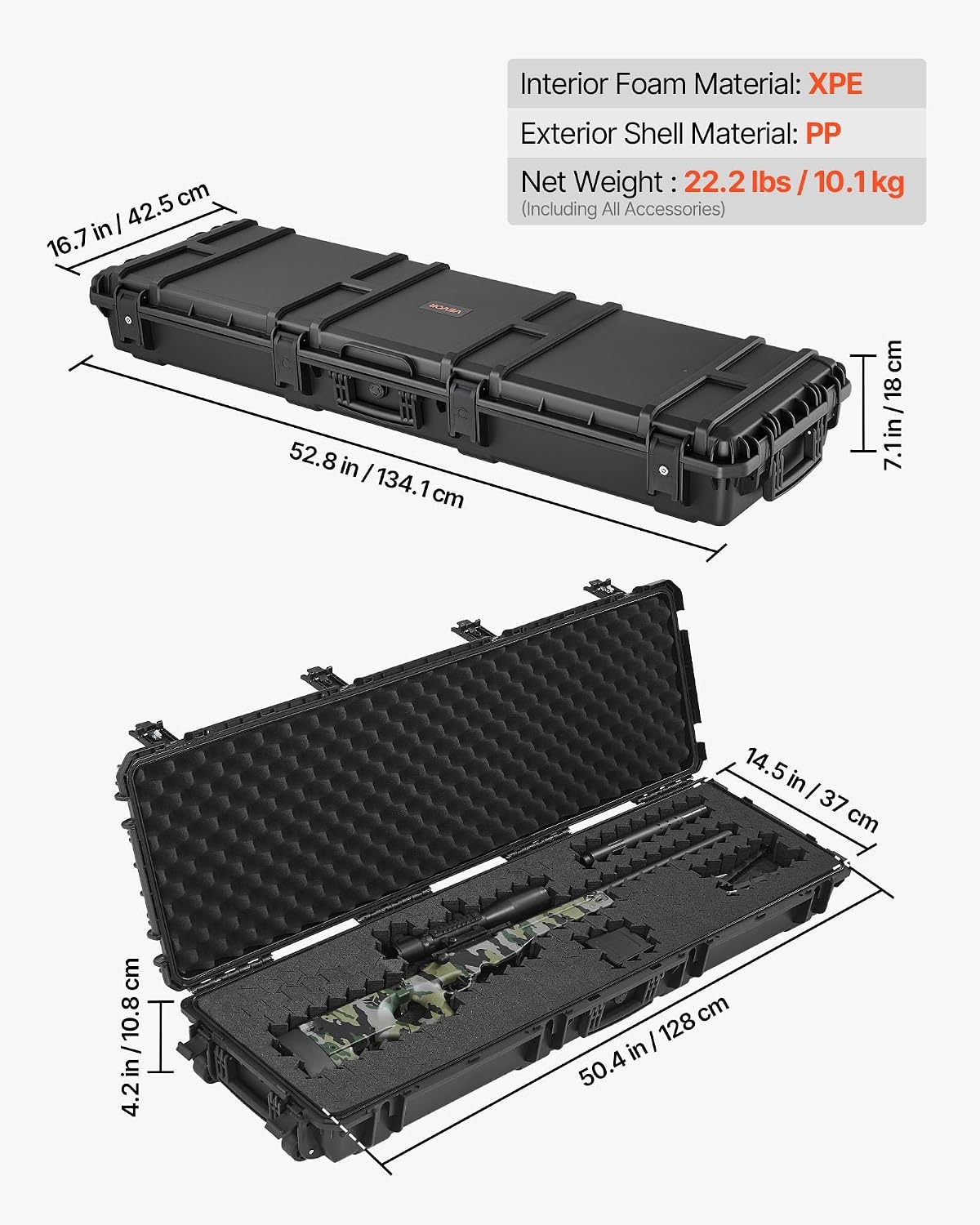 image:imageVEVOR Rifle Case Rifle Hard Case with 4 Layers Fullyprotective Foams Detachable XPE Foam 50 inch Lockable Gun Storage with Wheels IP67 Waterproof amp Dustproof for Rifle Shotgun Black