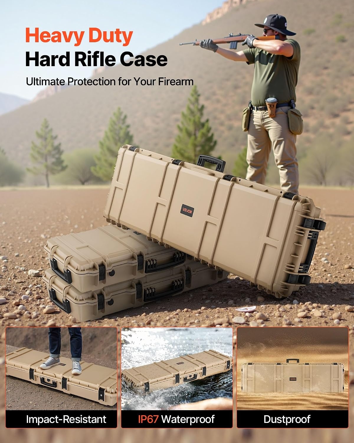 image:imageVEVOR Rifle Case Rifle Hard Case with 4 Layers Fullyprotective Foams Lockable Hard Gun Case with Wheels IP67 Waterproof amp Crushproof for Rifles or ShotgunsKhaki