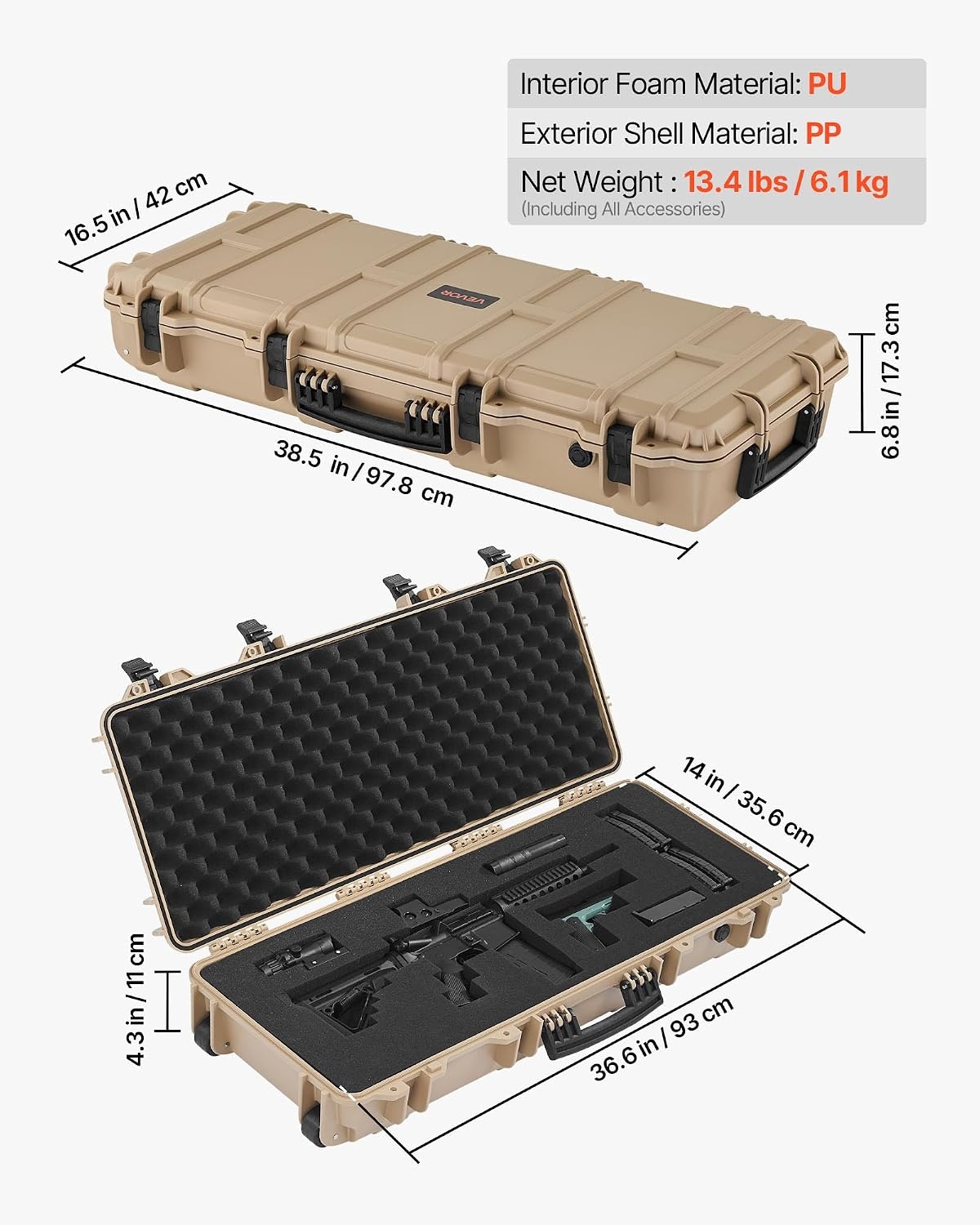 image:imageVEVOR Rifle Case Rifle Hard Case with 4 Layers Fullyprotective Foams Lockable Hard Gun Case with Wheels IP67 Waterproof amp Crushproof for Rifles or ShotgunsKhaki
