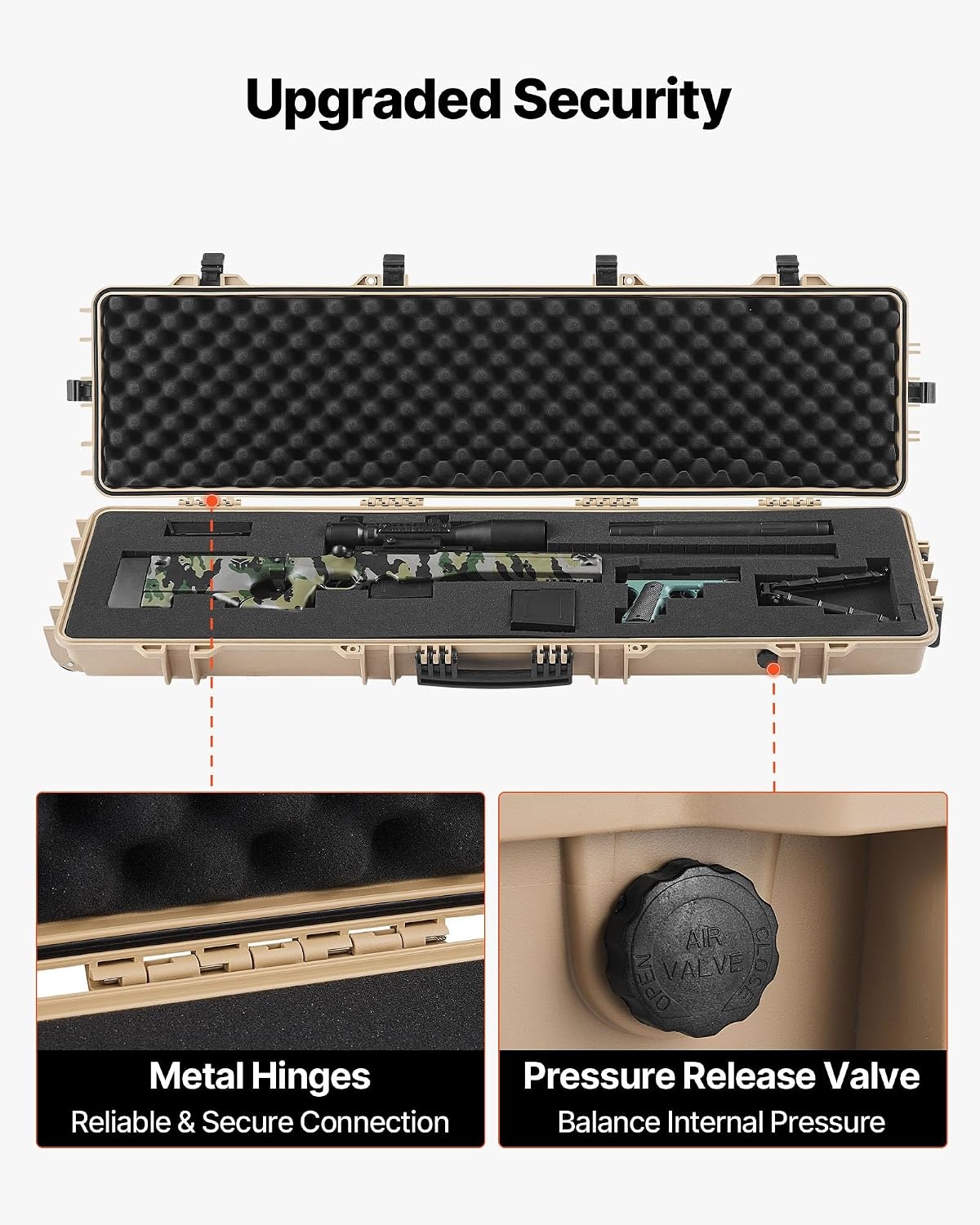 image:imageVEVOR Rifle Case Rifle Hard Case with 4 Layers Fullyprotective Foams Lockable Hard Gun Case with Wheels IP67 Waterproof amp Crushproof for Rifles or ShotgunsKhaki