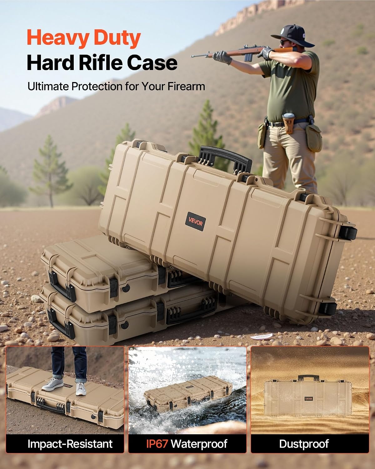 image:imageVEVOR Rifle Case Rifle Hard Case with 4 Layers Fullyprotective Foams Lockable Hard Gun Case with Wheels IP67 Waterproof amp Crushproof for Rifles or ShotgunsKhaki