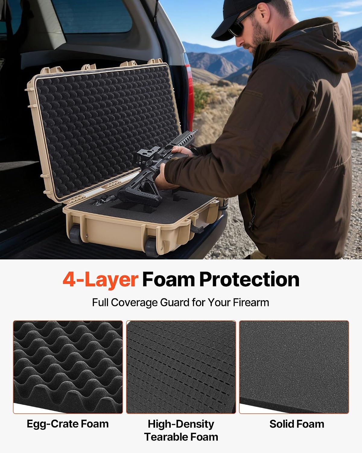 image:imageVEVOR Rifle Case Rifle Hard Case with 4 Layers Fullyprotective Foams Lockable Hard Gun Case with Wheels IP67 Waterproof amp Crushproof for Rifles or ShotgunsKhaki