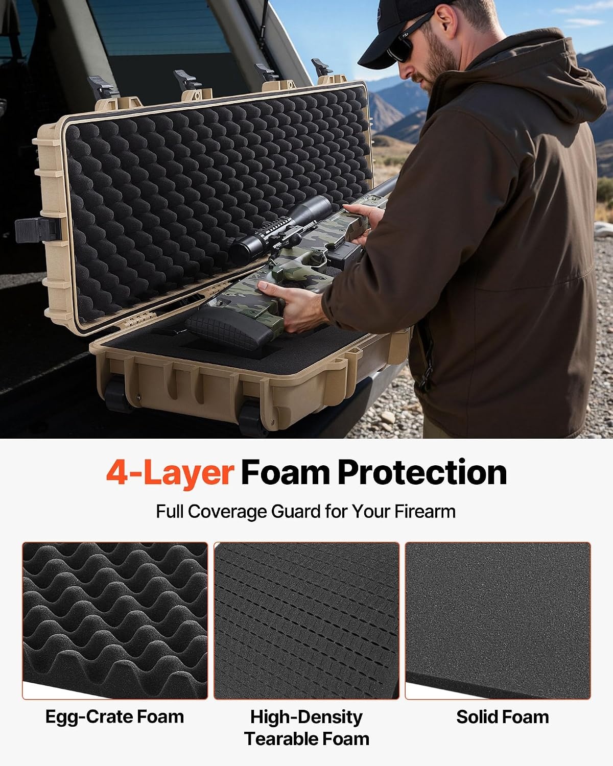 image:imageVEVOR Rifle Case Rifle Hard Case with 4 Layers Fullyprotective Foams Lockable Hard Gun Case with Wheels IP67 Waterproof amp Crushproof for Rifles or ShotgunsKhaki