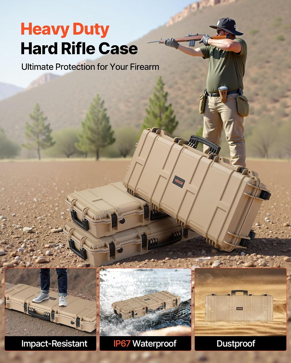 image:imageVEVOR Rifle Case Rifle Hard Case with 4 Layers Fullyprotective Foams Lockable Hard Gun Case with Wheels IP67 Waterproof amp Crushproof for Rifles or ShotgunsKhaki