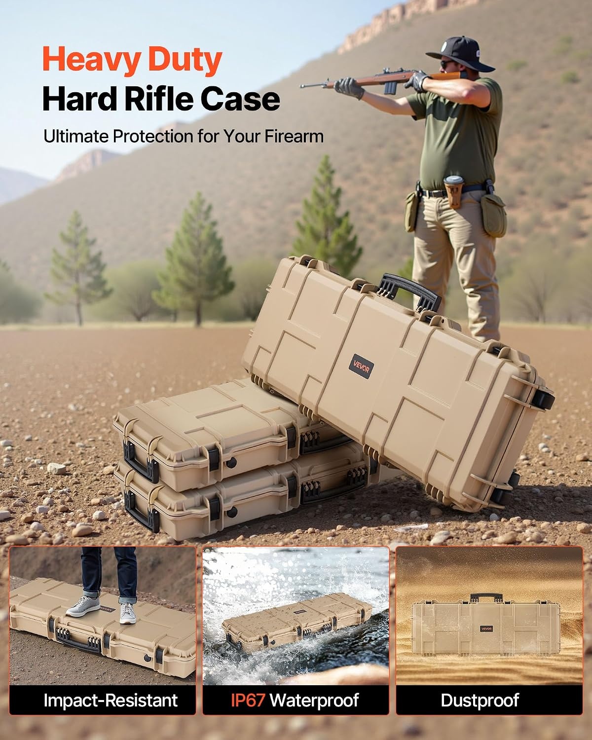image:imageVEVOR Rifle Case Rifle Hard Case with 4 Layers Fullyprotective Foams Lockable Hard Gun Case with Wheels IP67 Waterproof amp Crushproof for Rifles or ShotgunsKhaki