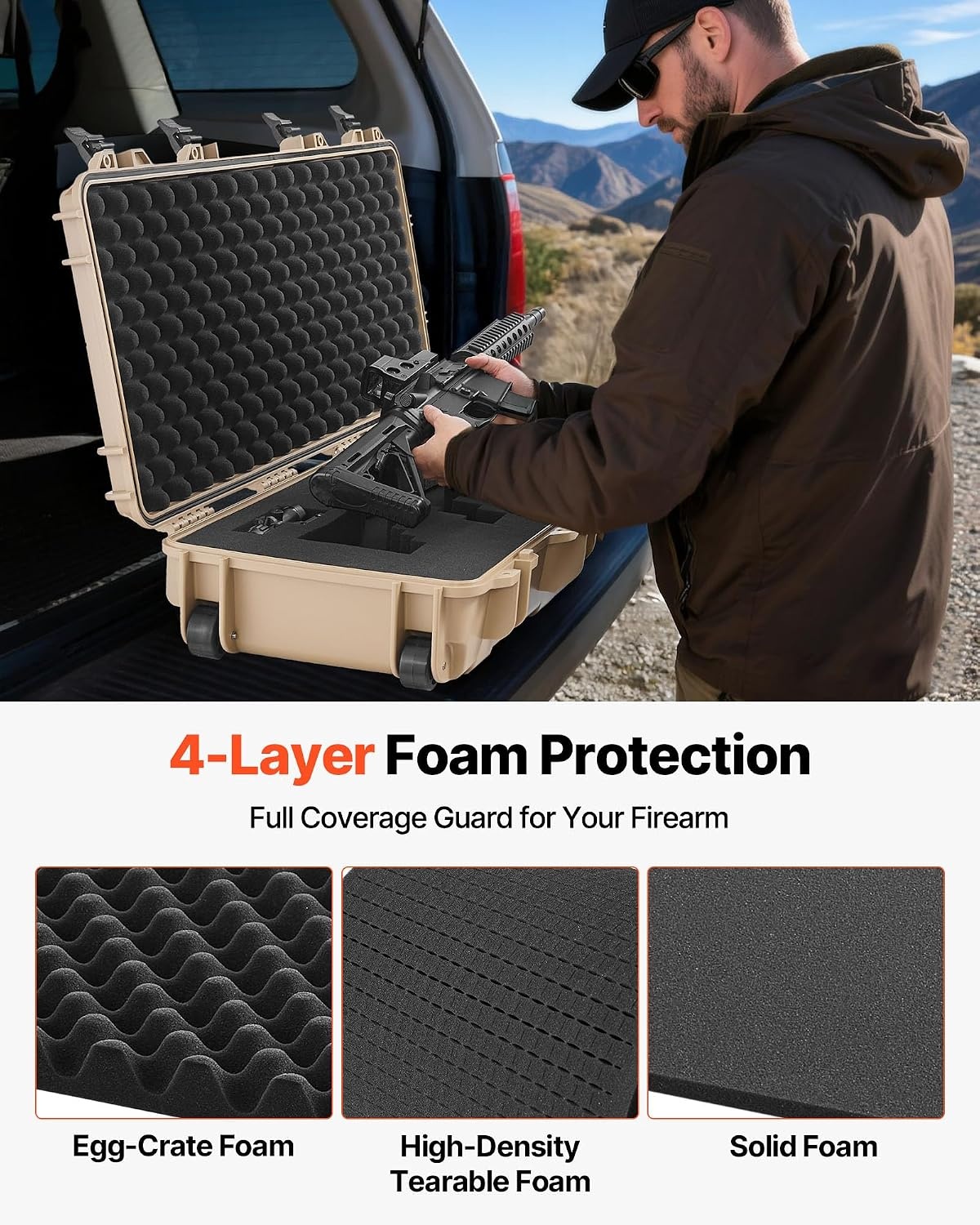 image:imageVEVOR Rifle Case Rifle Hard Case with 4 Layers Fullyprotective Foams Lockable Hard Gun Case with Wheels IP67 Waterproof amp Crushproof for Rifles or ShotgunsKhaki