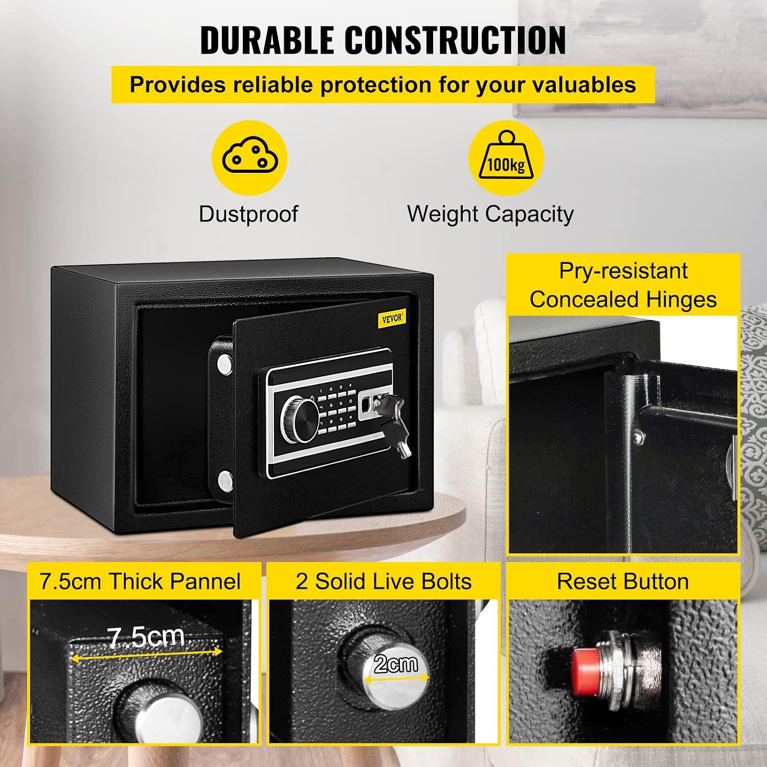 image:imageVEVOR Safe Box 21 CUFT Fingerprint Safe Box for Money w 2 Keys amp Digital Keypad Q235 Steel Fireproof Safe Box for Storing Cash Jewelry Pistols Documents Watches in Home amp Office amp Hotel08 cubic feet