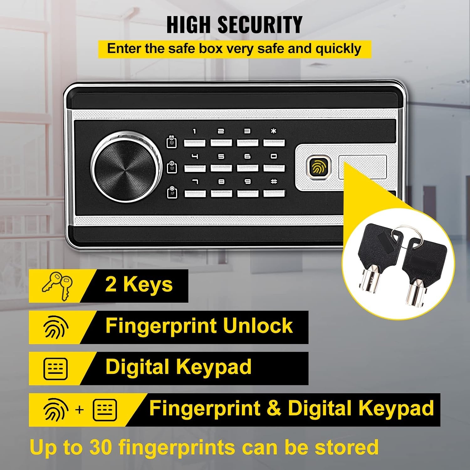 image:imageVEVOR Safe Box 21 CUFT Fingerprint Safe Box for Money w 2 Keys amp Digital Keypad Q235 Steel Fireproof Safe Box for Storing Cash Jewelry Pistols Documents Watches in Home amp Office amp Hotel08 cubic feet