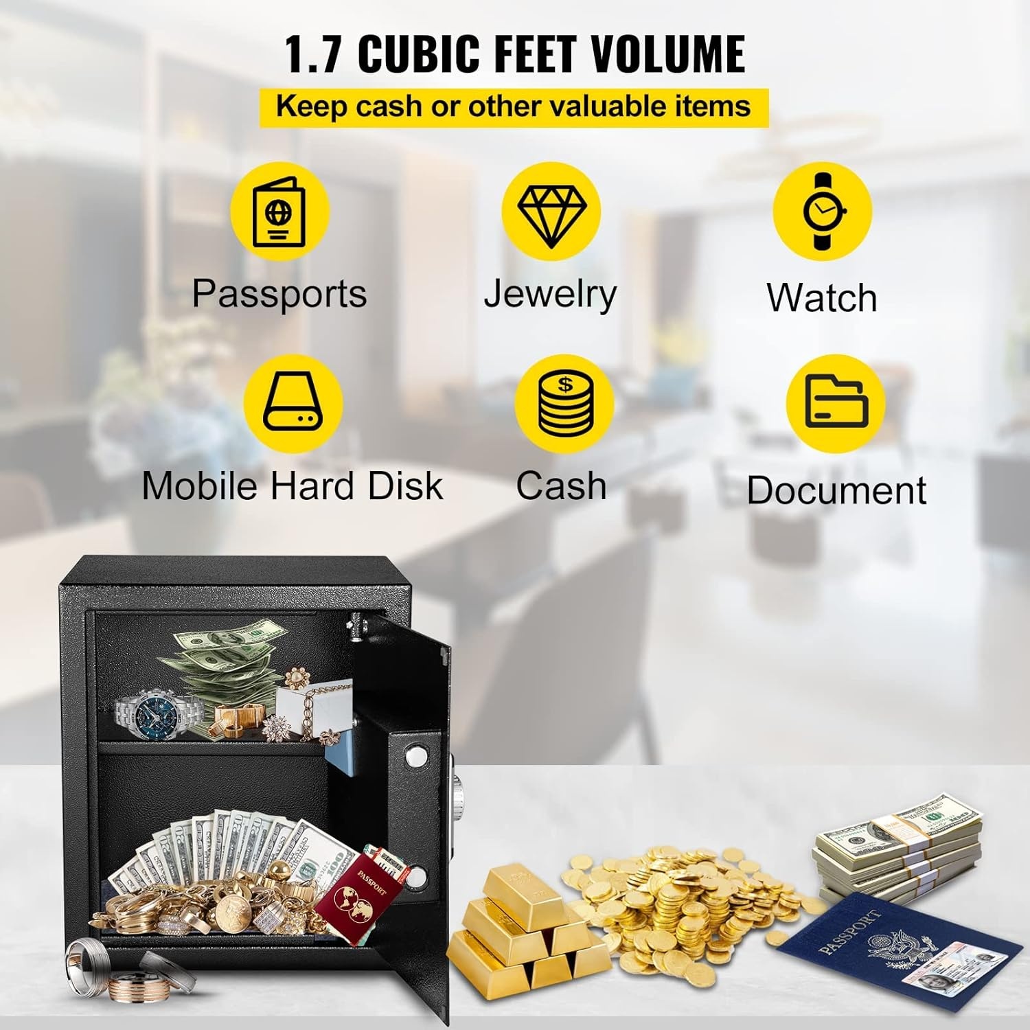image:imageVEVOR Safe Box 21 CUFT Fingerprint Safe Box for Money w 2 Keys amp Digital Keypad Q235 Steel Fireproof Safe Box for Storing Cash Jewelry Pistols Documents Watches in Home amp Office amp Hotel17 cubic feet