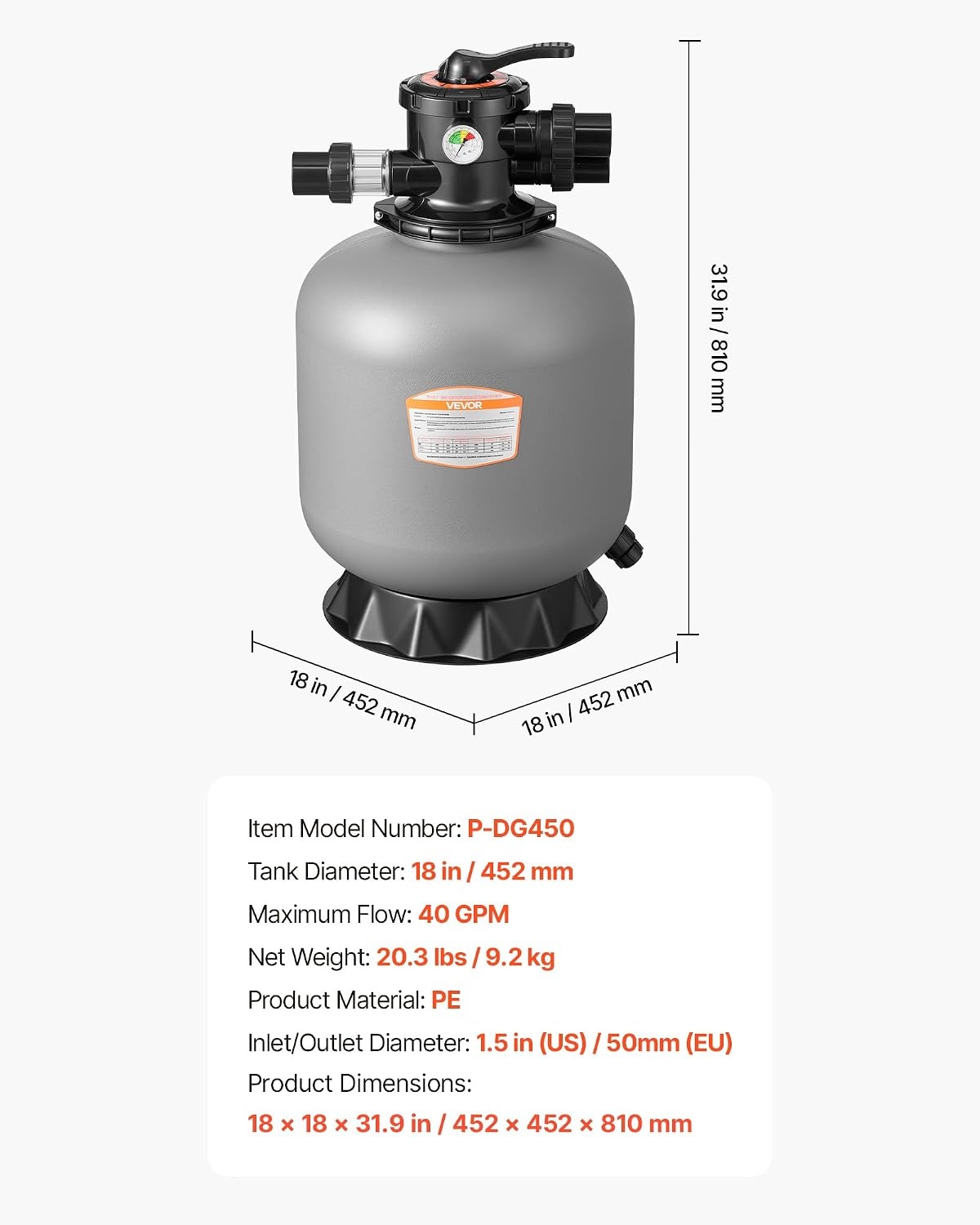 image:imageVEVOR Sand Filter 24Inch 65 GPM Above Inground Swimming Pool Sand Filter System with 7Way MultiPort Valve Backwash Rinse Recirculate Waste Winter Closed Modes for Above In Ground Pools18Inch  40 GPM